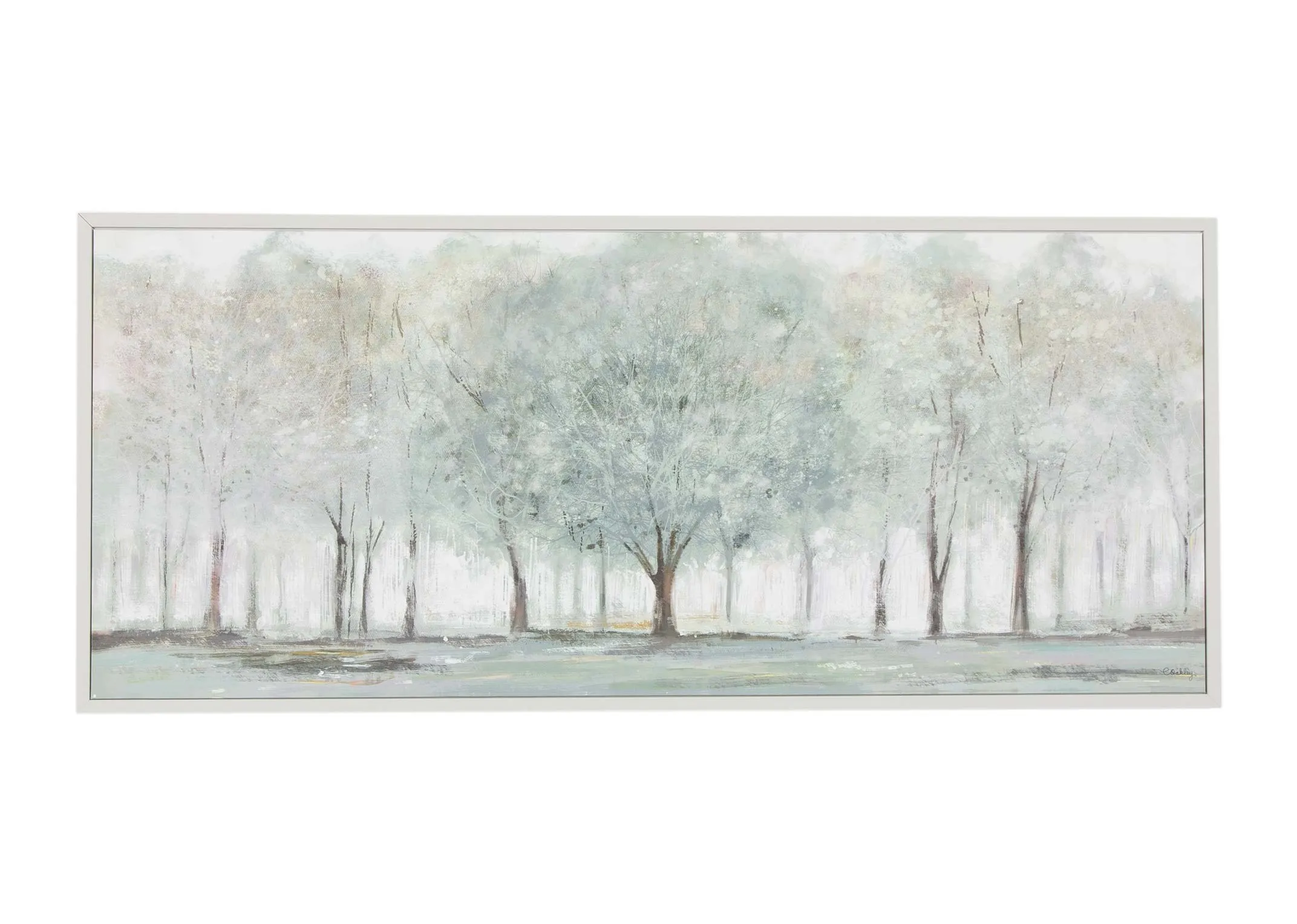 A forest captured in soft pastel with silver framed print from Charlotte Oakley. Front view.