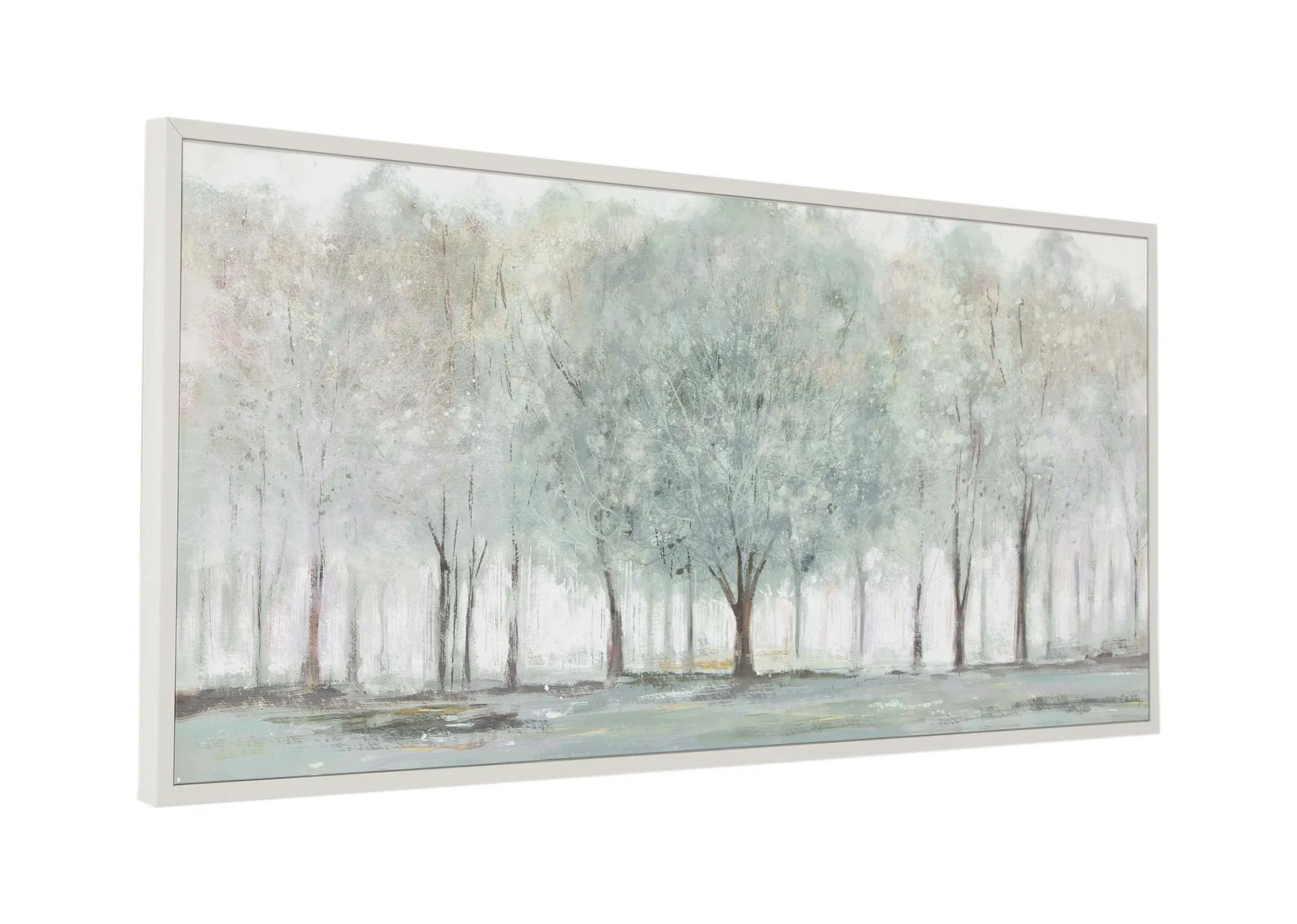 A forest captured in soft pastel with silver framed print from Charlotte Oakley. Closeup view