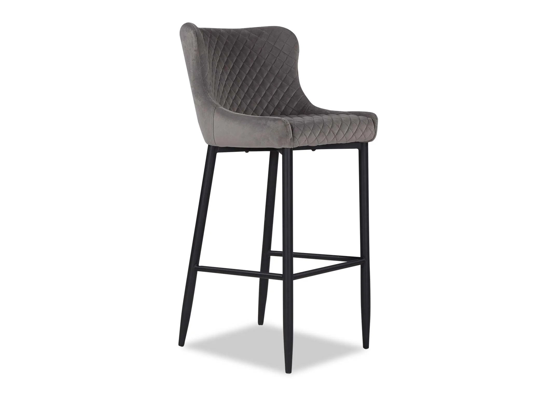 Light grey plush velvet counter barstool with black metal legs from EZ Living Furniture's Ottowa range. Angle view.