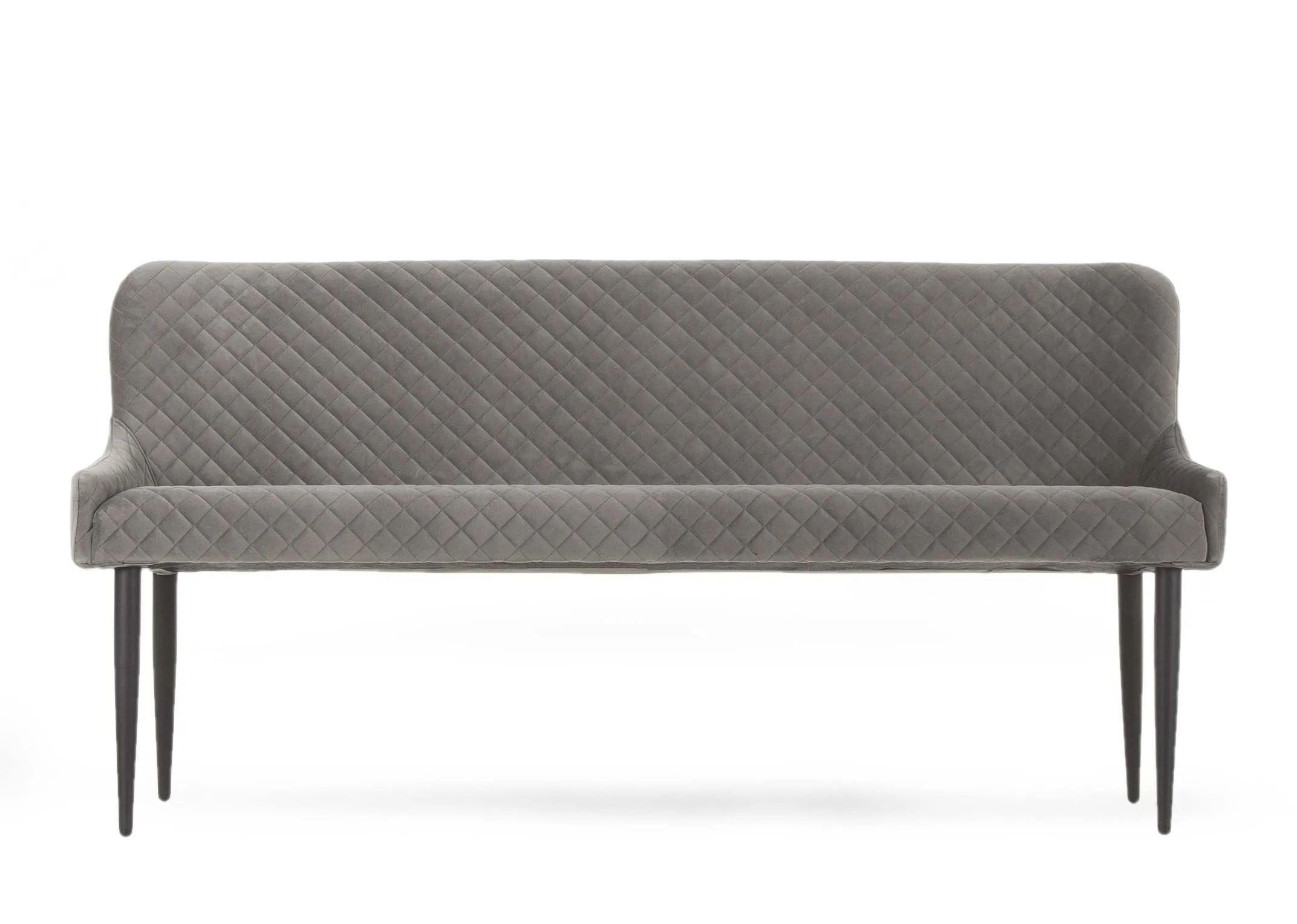 A dining bench with a back in grey velvet with black legs from ez living furniture's ottowa range. Front view