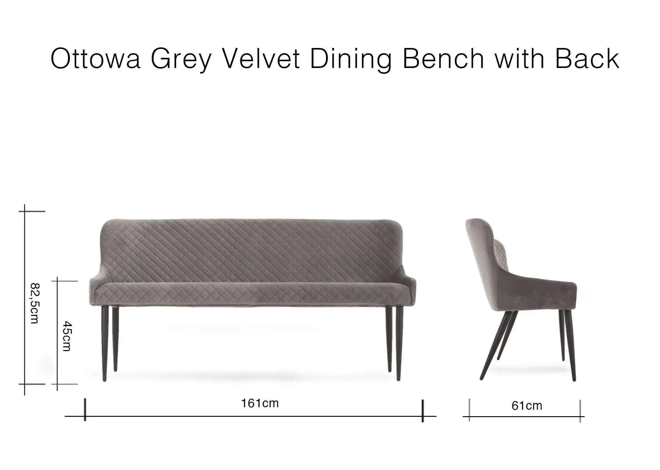 A dimension image for the Ottowa Dining bench with back with 161cm (width) x 61cm (depth) x 82.5cm (height)