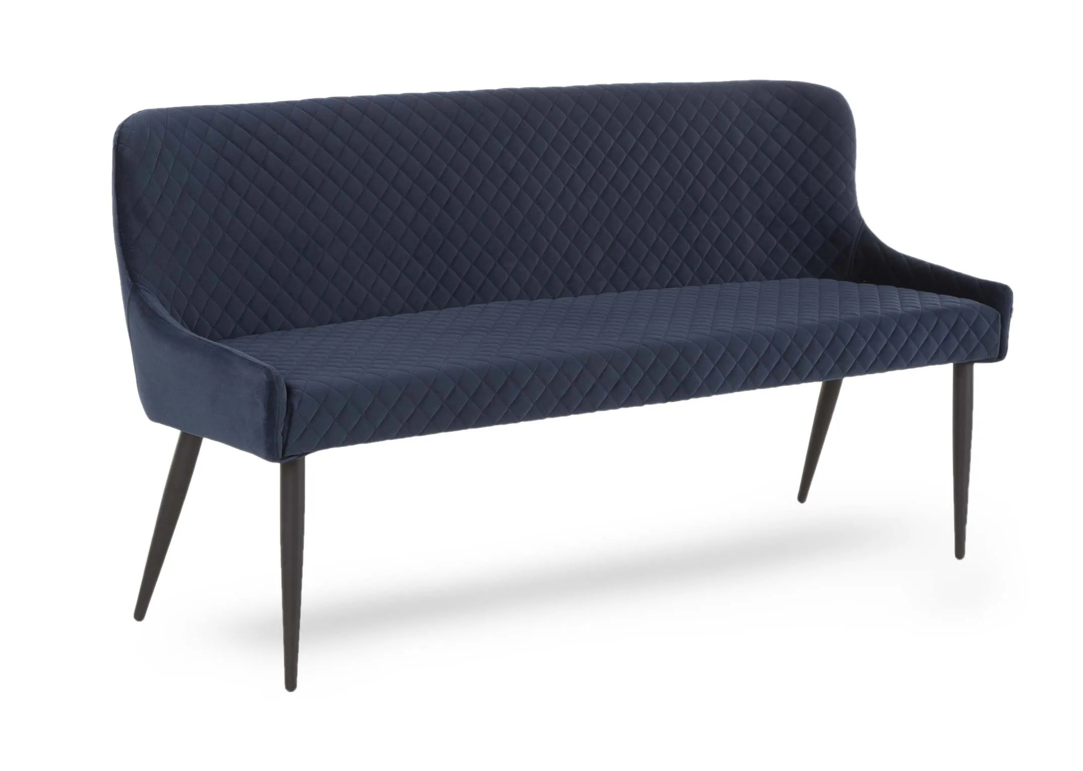 A dining bench with back in blue velvet & black legs from ez living furniture's Ottowa range. Angled view.