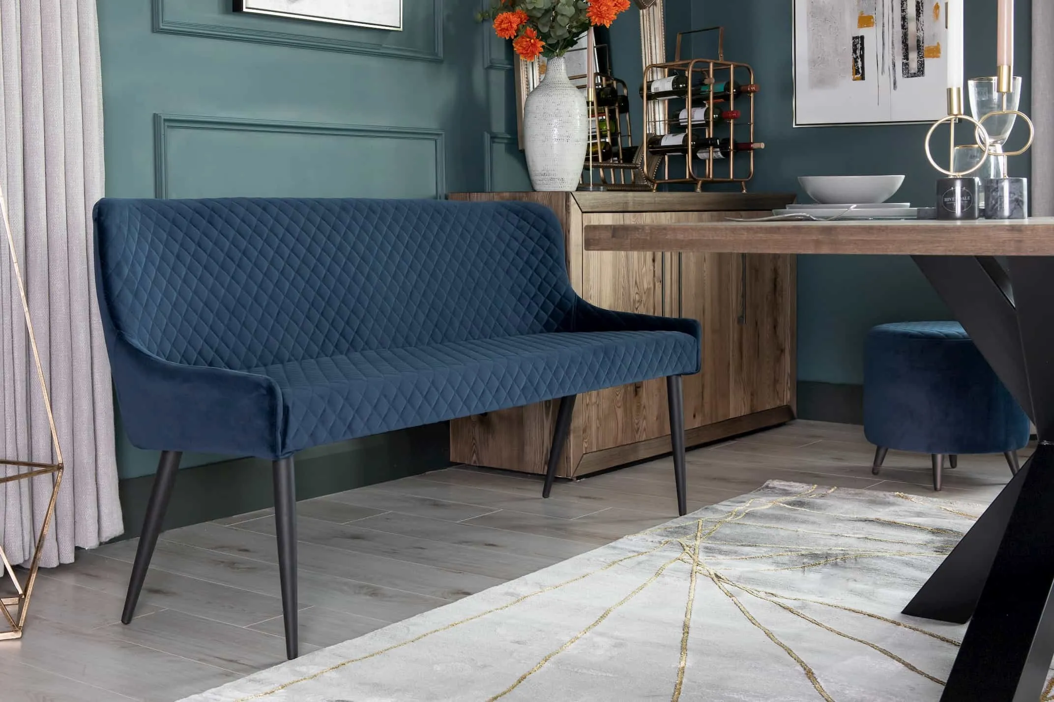Blue Velvet Dining Bench With Back - Ottowa