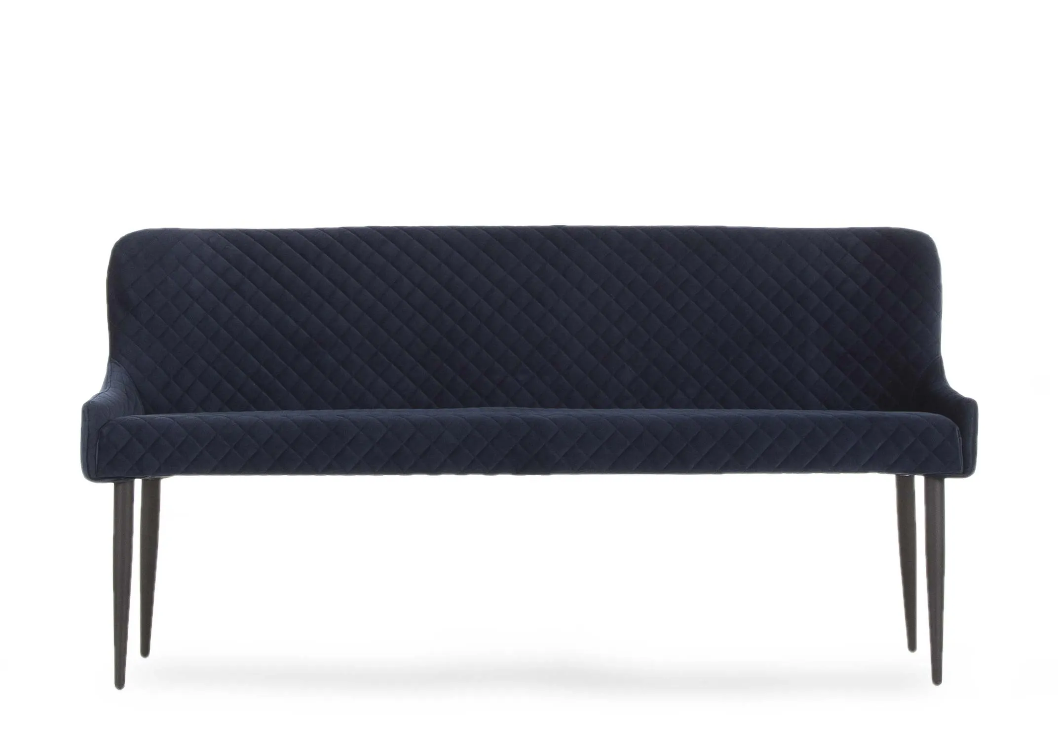 A dining bench with back in blue velvet & black legs from ez living furniture's Ottowa range. Front view showing length