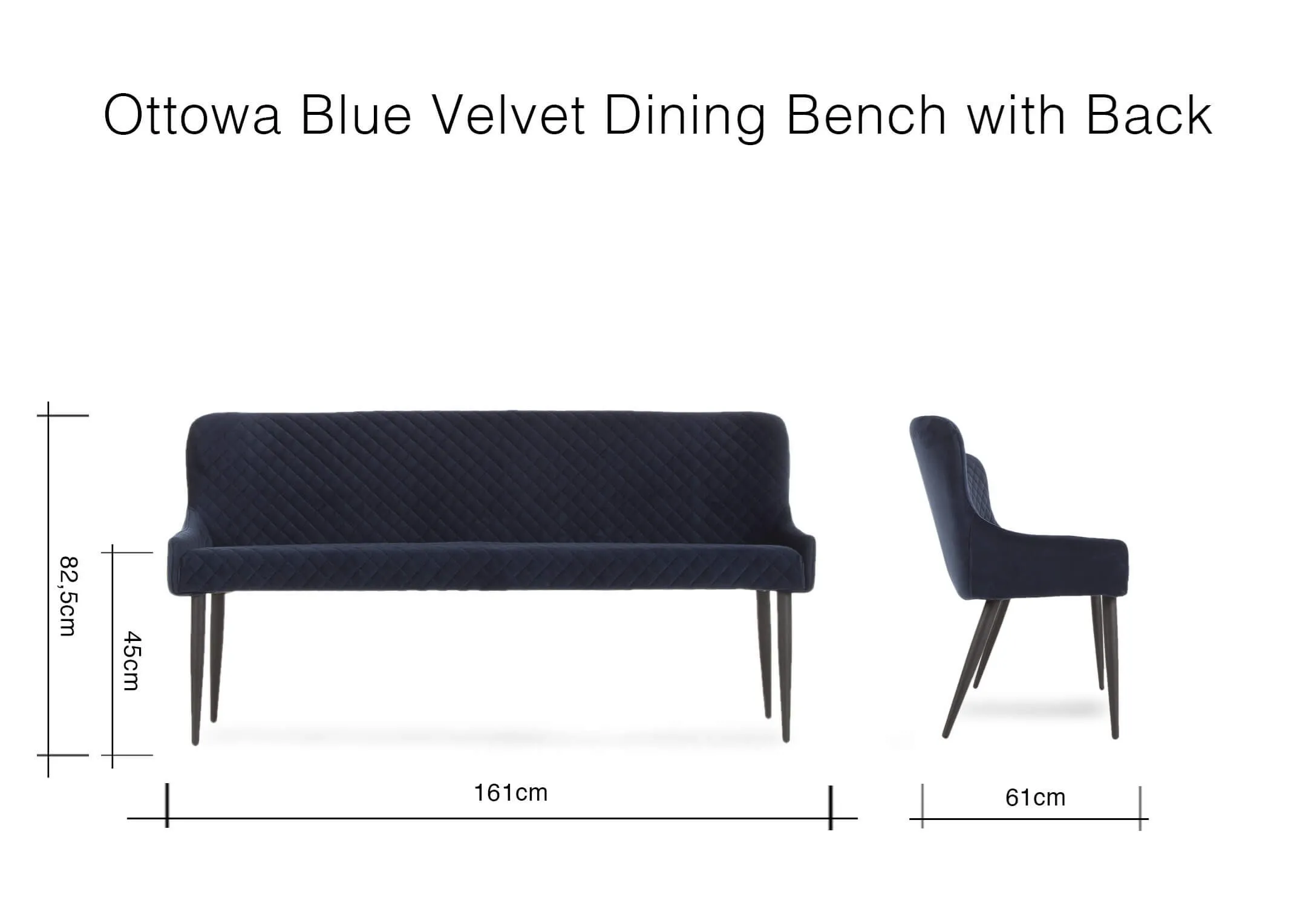 A dimension image for the Ottowa Bench with Back with 161cm (width) x 82.5cm (Height) x 61cm (Depth)