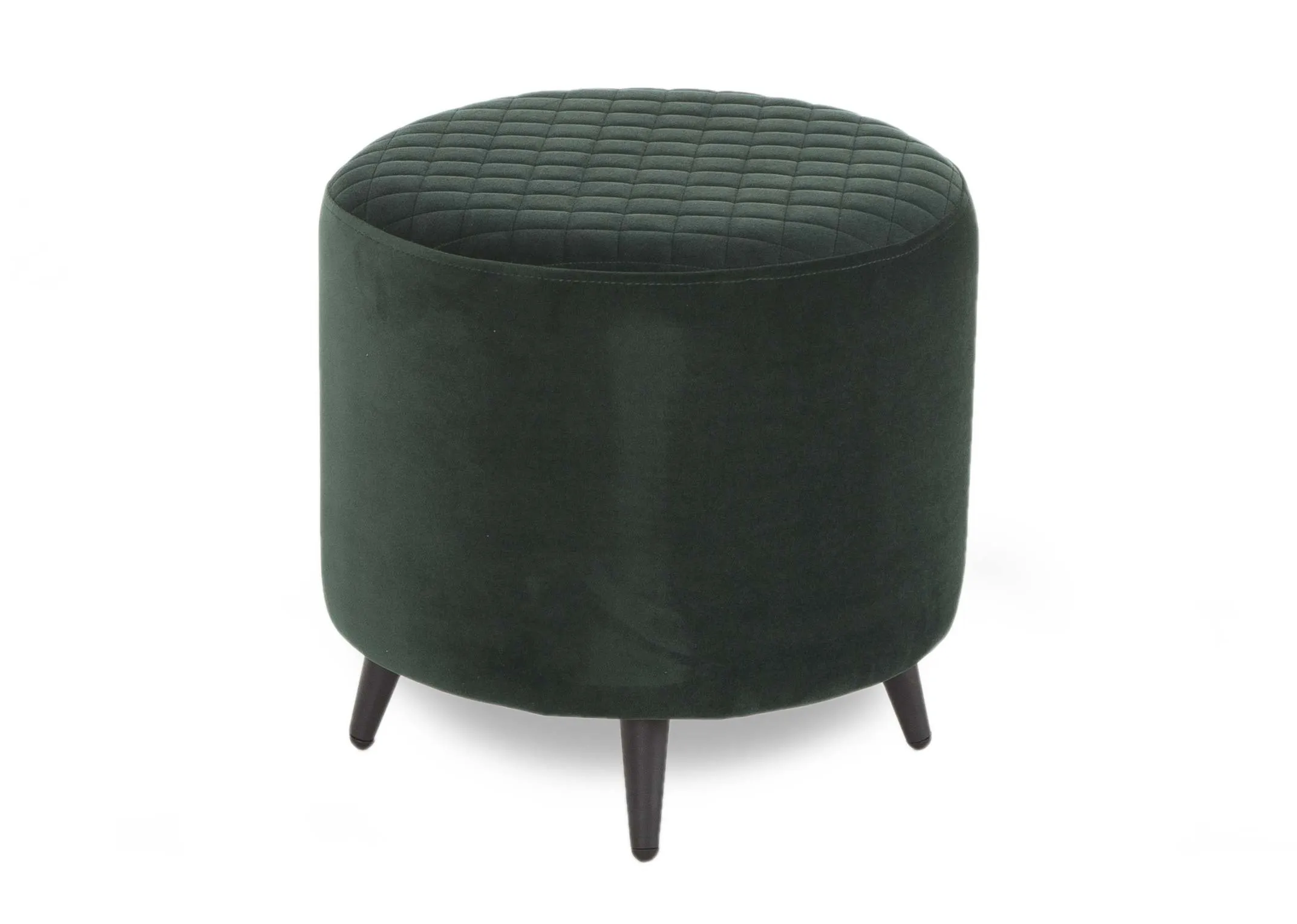 A round velvet footstool in Dark Green with black feet from EZ Living Furniture's Ottowa range. Angled view