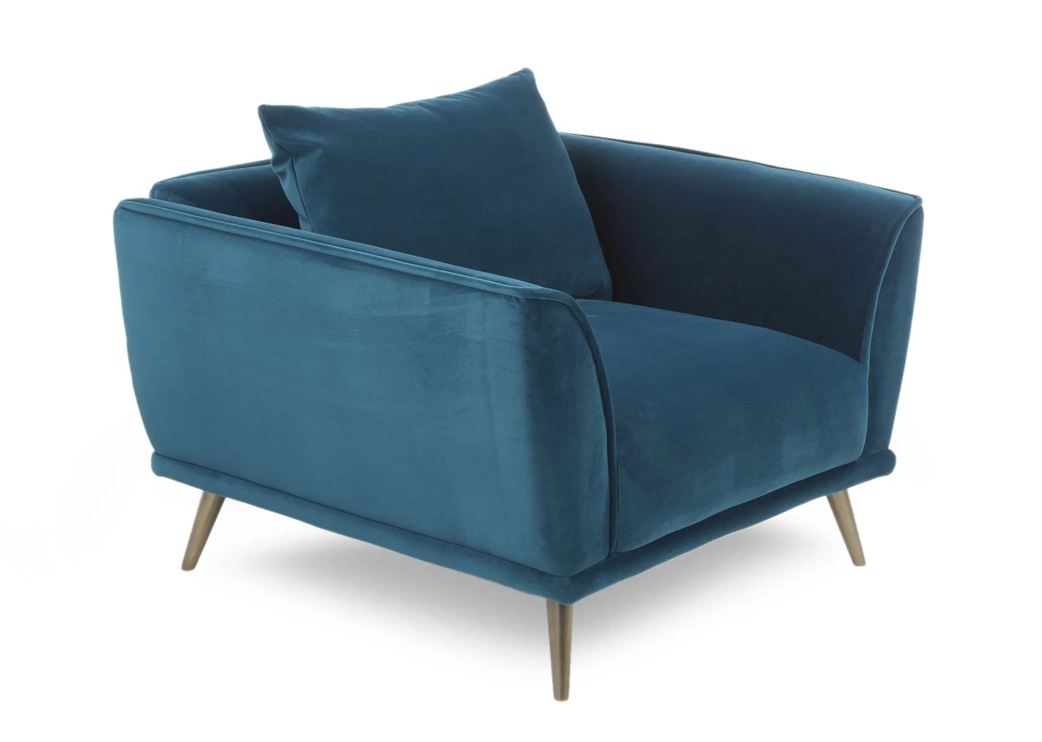 A teal velvet cuddler from ez living furniture's Katie range. Angled view.
