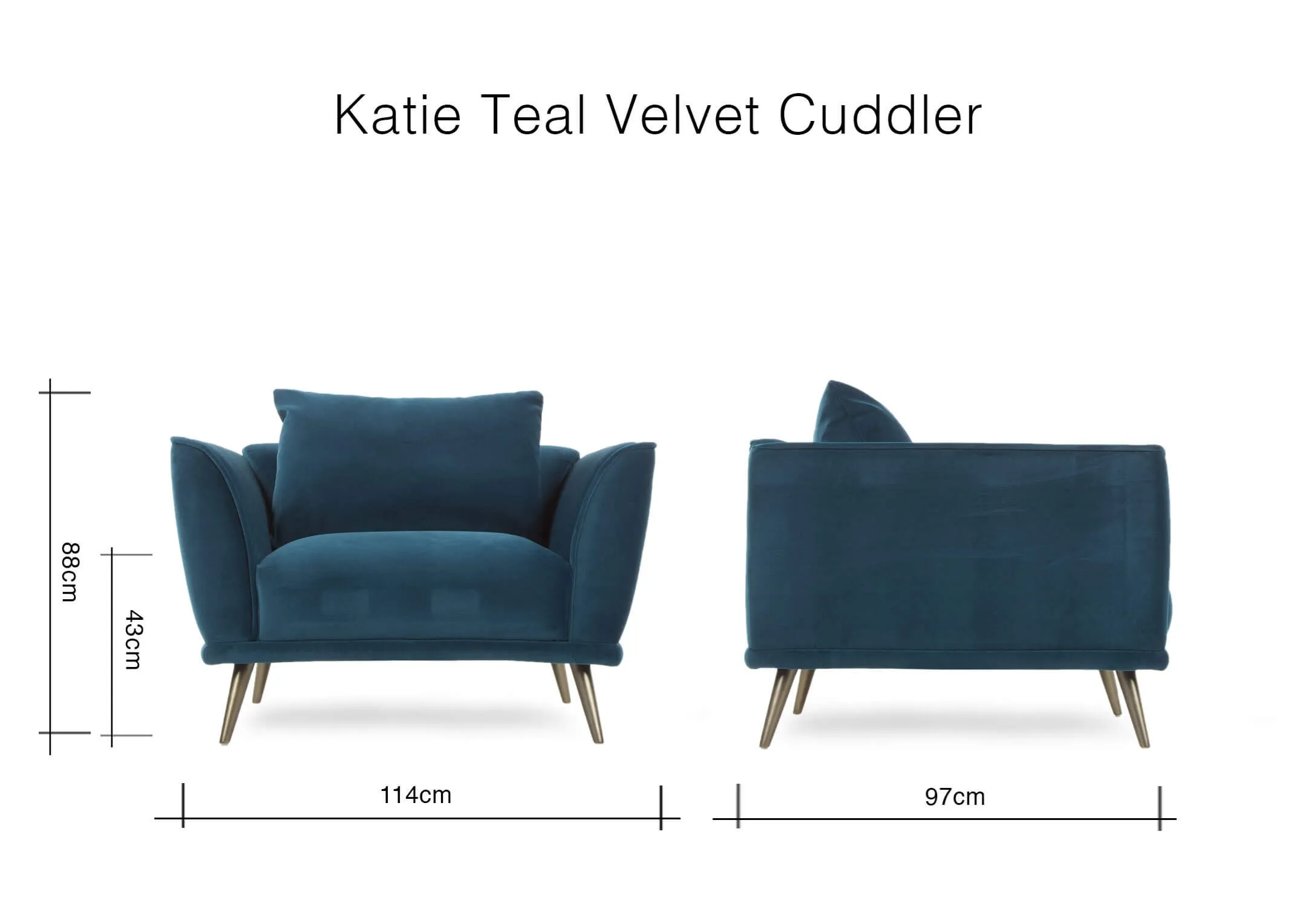 A dimension image of the Katie Teal Cuddler with 114cm (Width) x 97cm (Depth) x 88cm (Height)