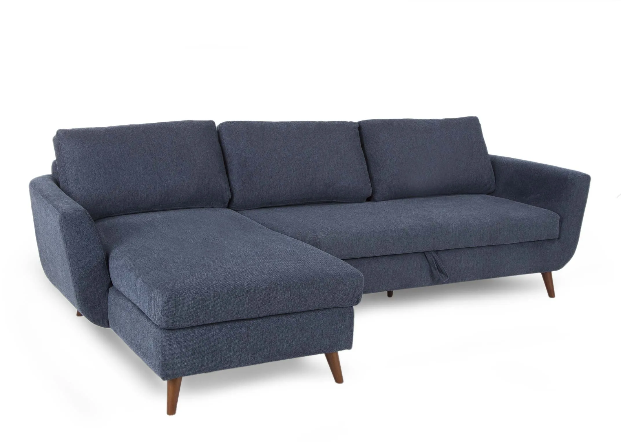 A 3 Seater RAF Sofa Bed Chaise in navy blue fabric from EZ Living Furniture's Sasha Range. Angled view as sofa