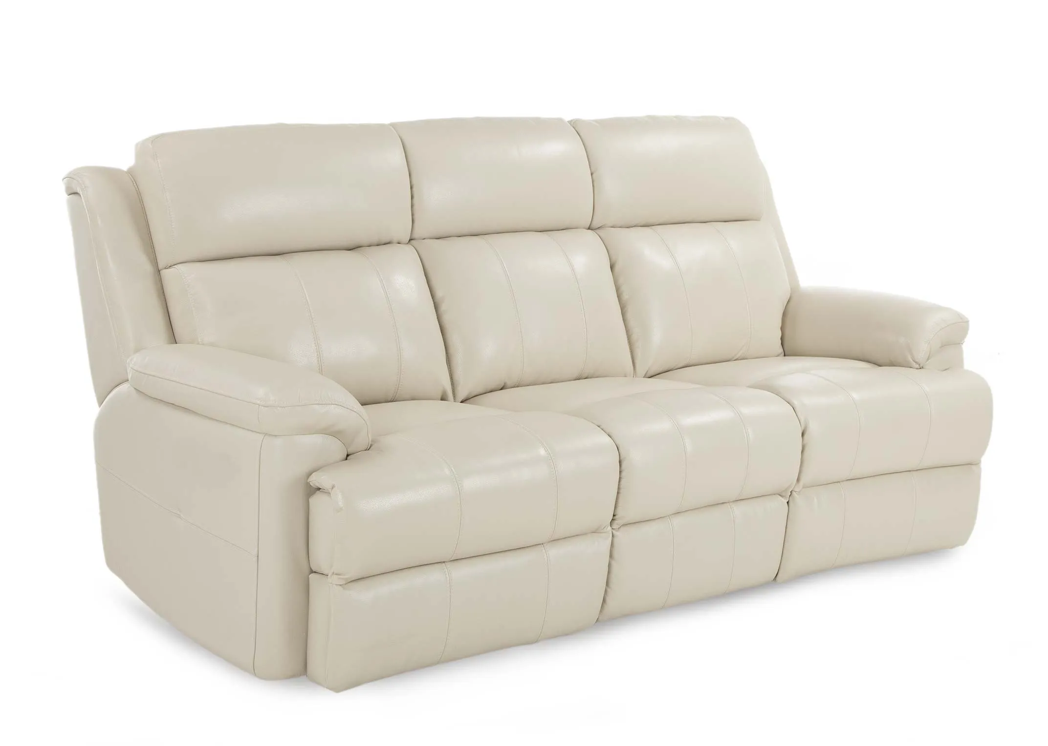 A 3 Seater off white leather sofa from EZ Living Furniture's Embrace range. Angled view of soft leather sofa.