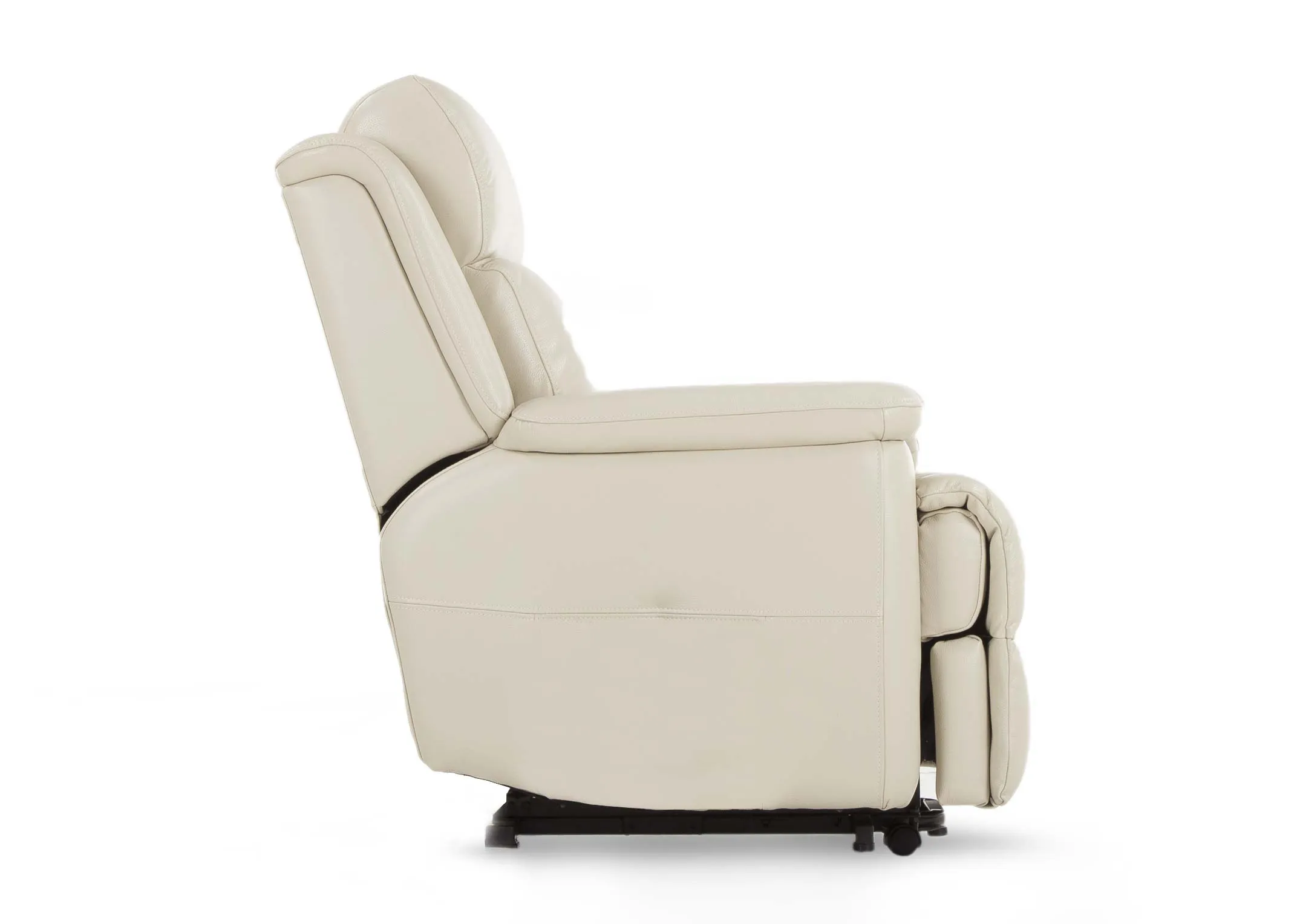 An off white leather armchair from EZ Living Furniture's Embrace range. Side view of depth and high arms