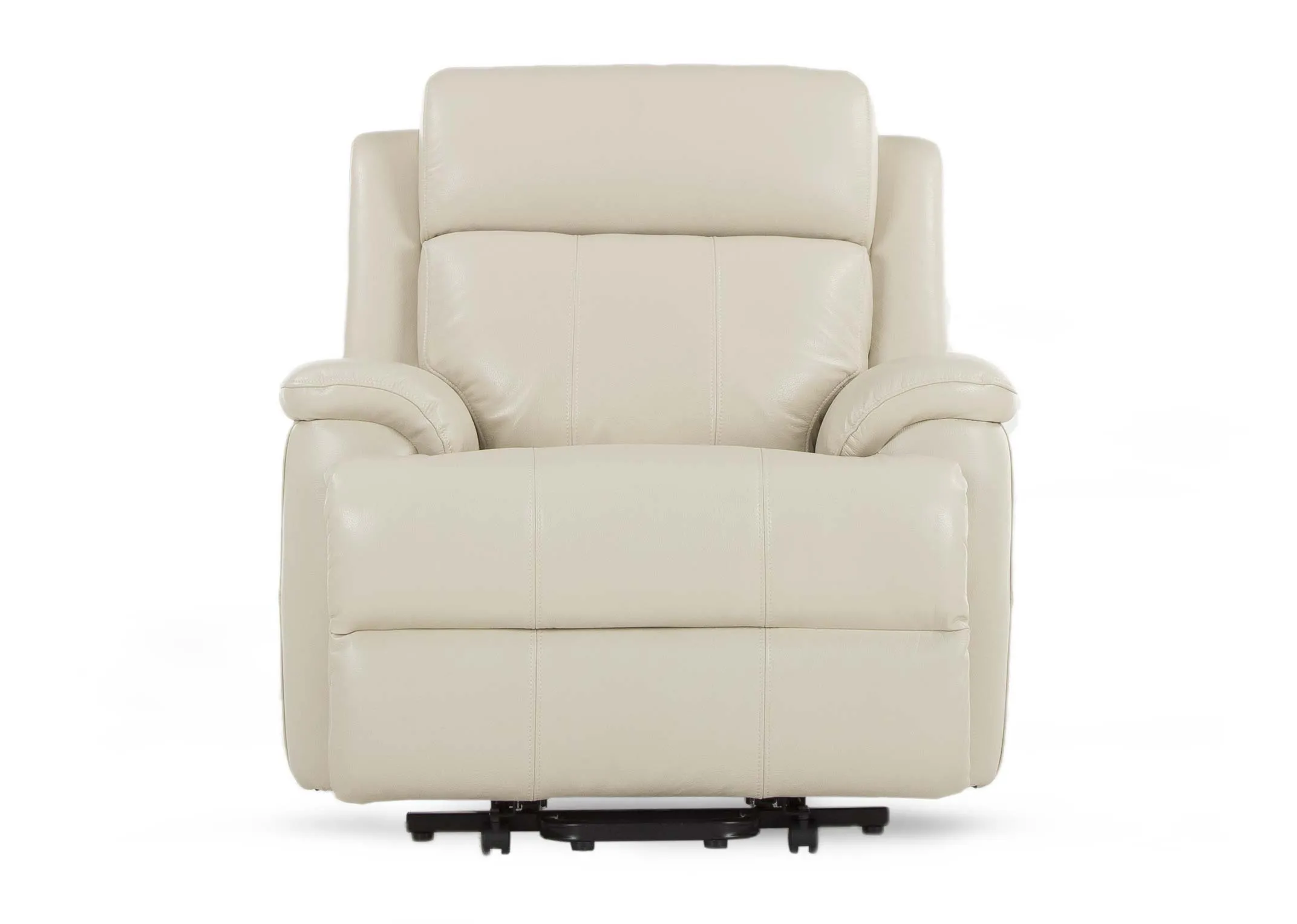 An off white leather armchair from EZ Living Furniture's Embrace range. Front view of plush cushion support.