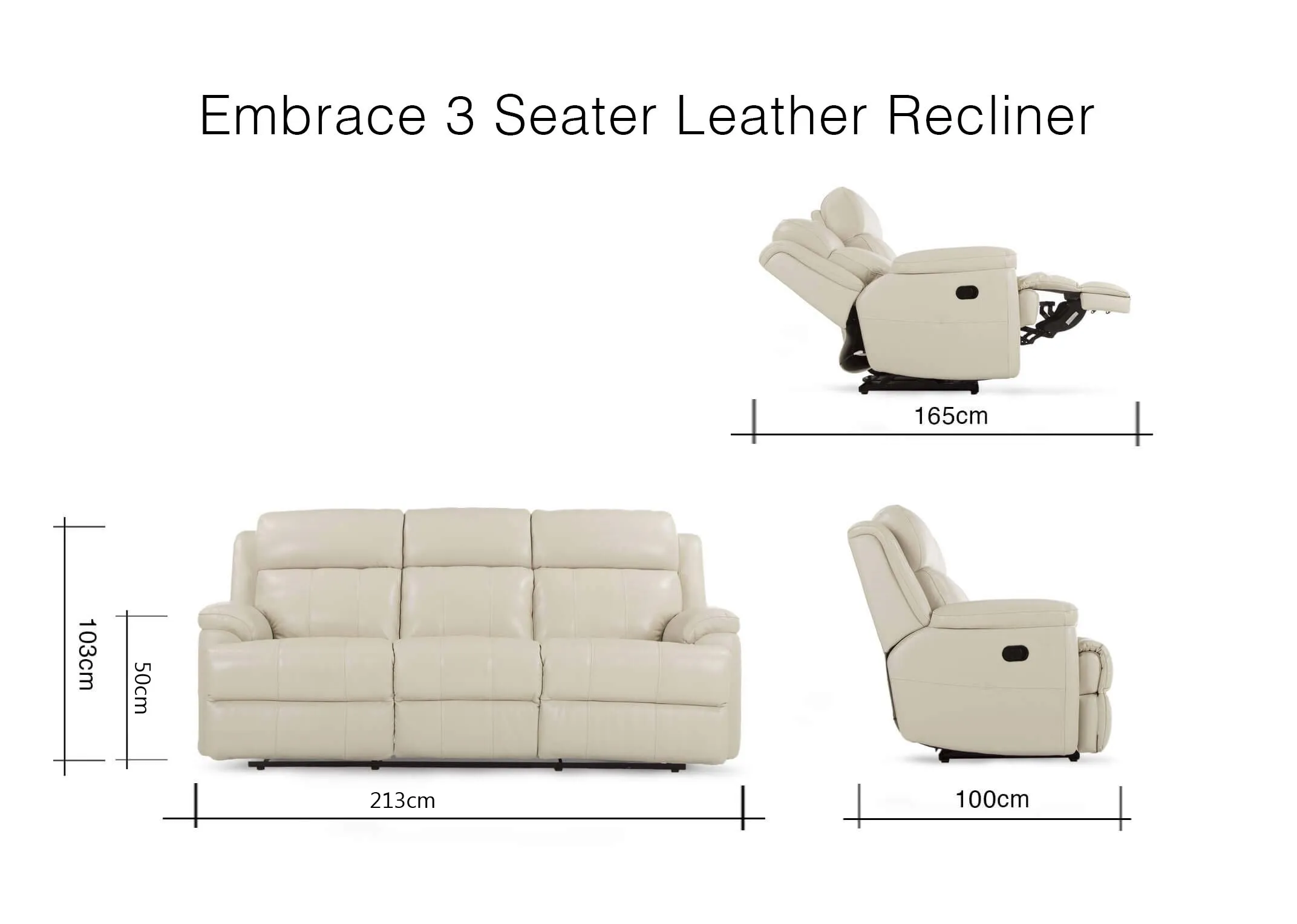 A dimension image of the Embrace 3 seater sofa with 213cm (width) x 103cm (height) x 100cm (depth)