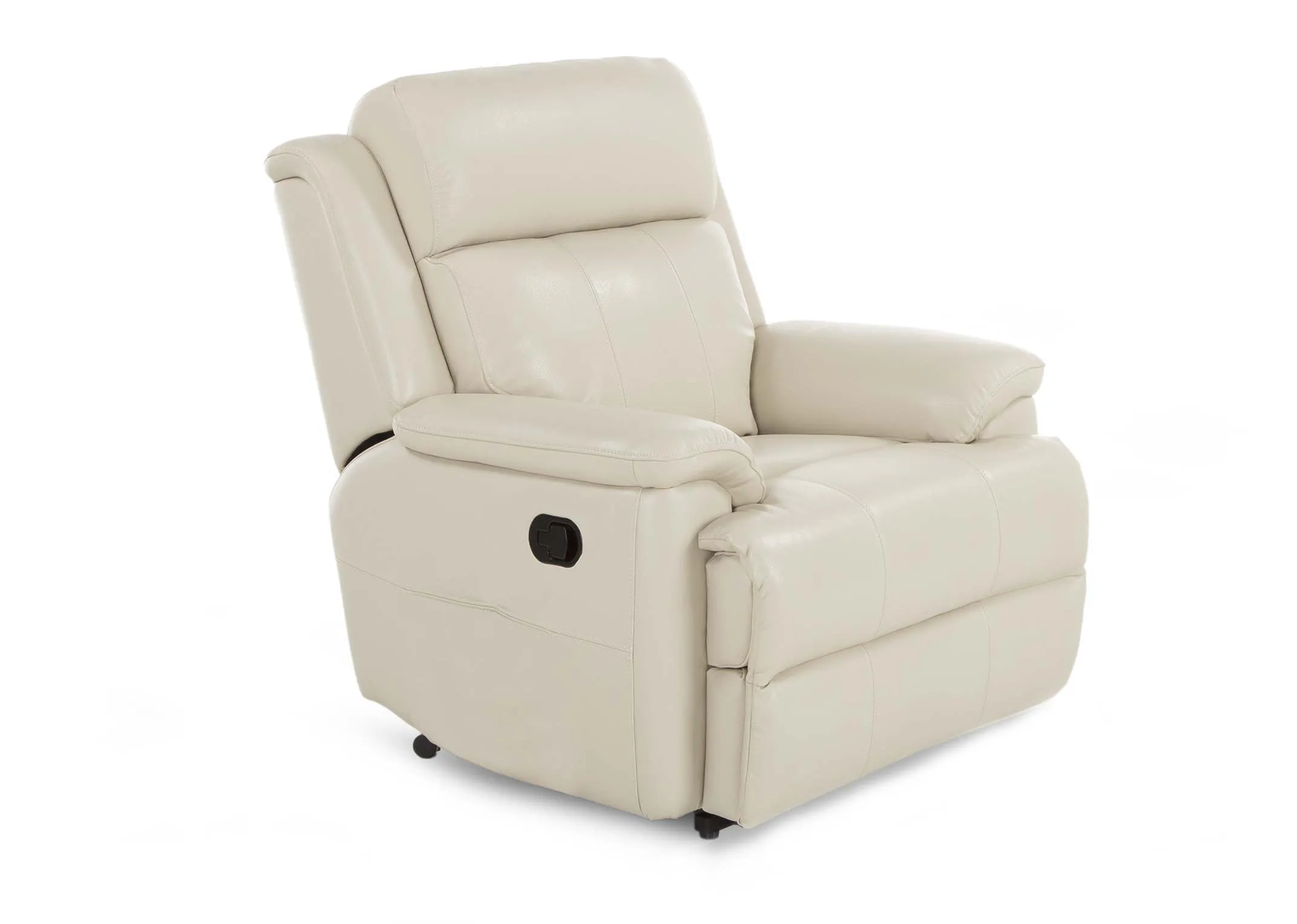 An off white leather recliner from EZ Living Furniture's Embrace range. Angled view of recline button and arms