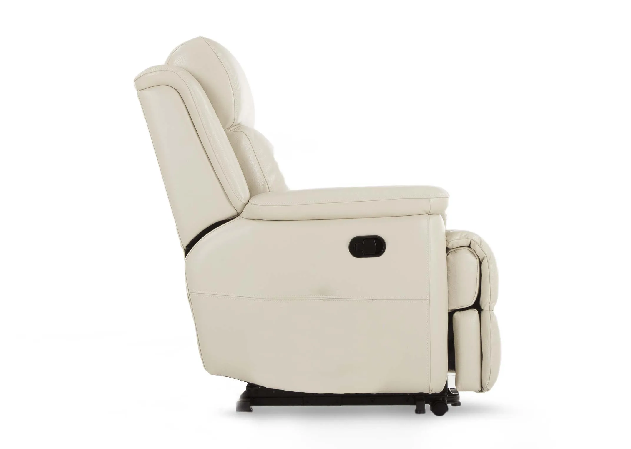 An off white leather recliner from EZ Living Furniture's Embrace range. Side view of depth and button