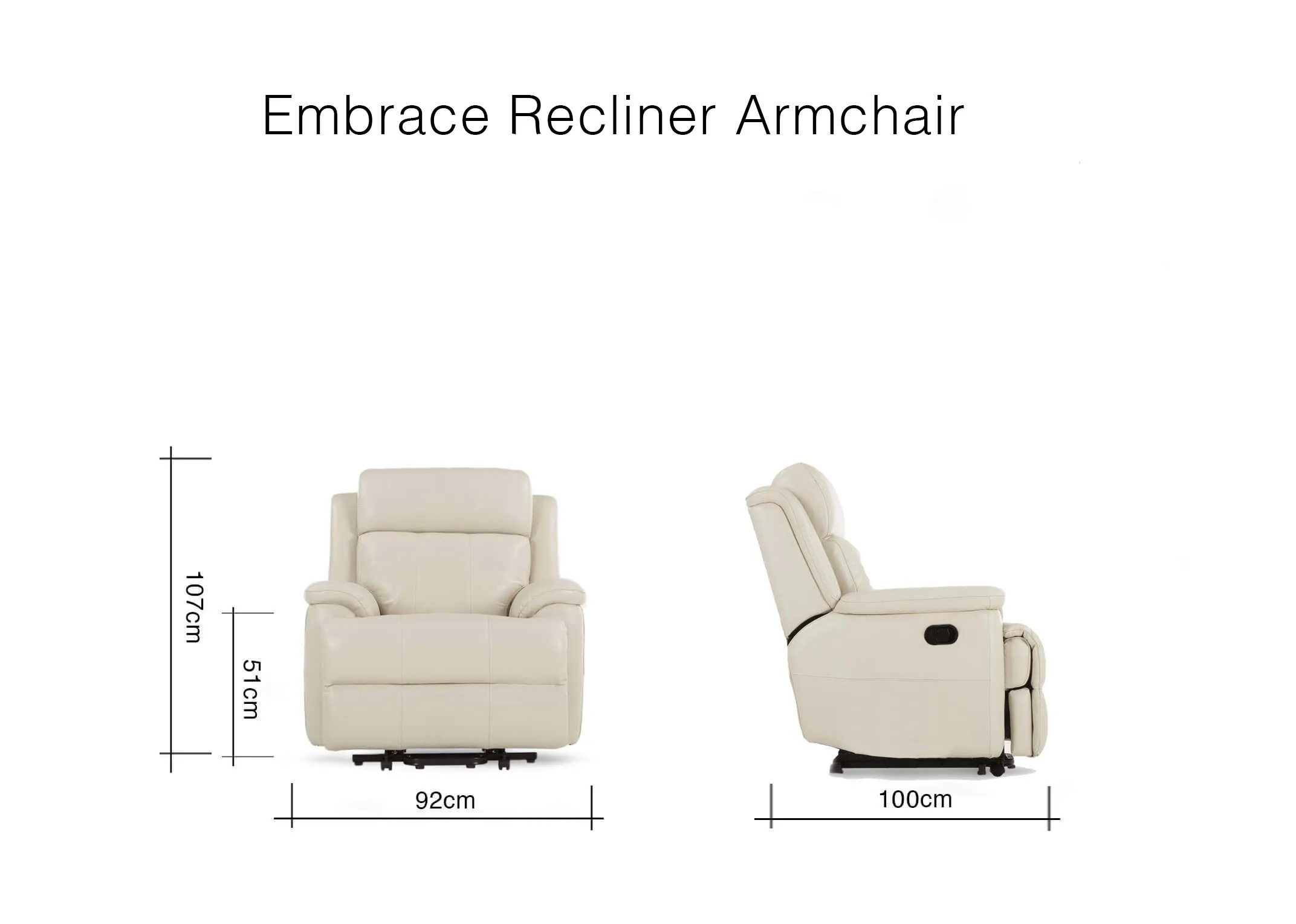 A dimension image of the Embrace Recliner with 92cm (width) x 100cm (Depth) x 102cm (Height