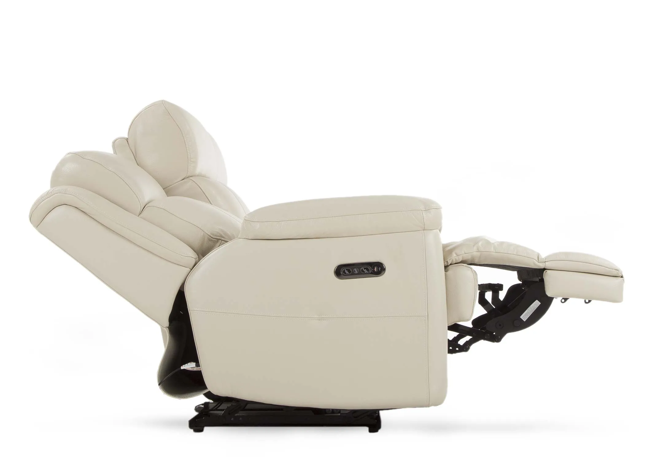 A 3 Seater power reclining sofa in white leather from EZ Living Furniture's Embrace range. Closeup of button function