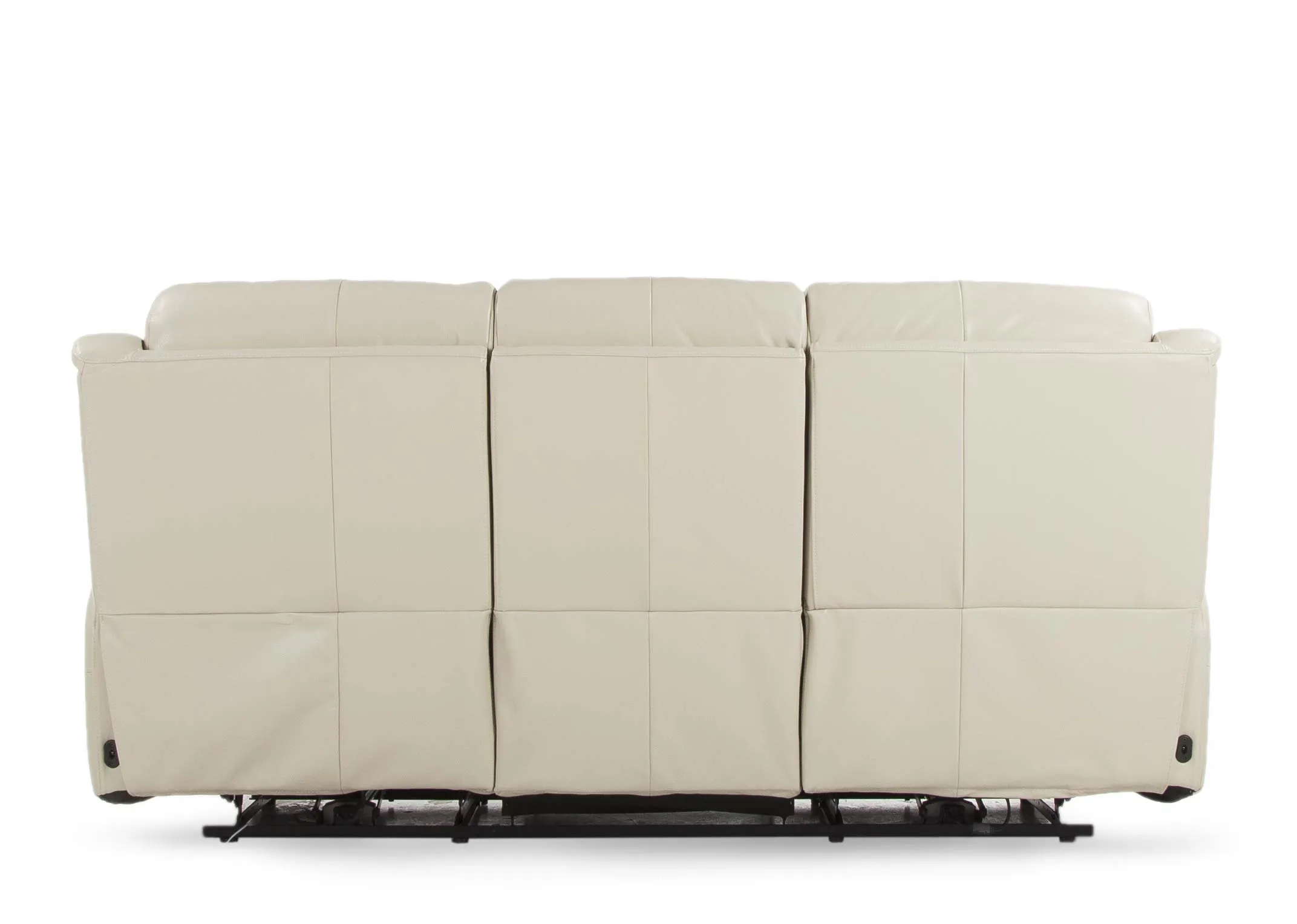 A 3 Seater power reclining sofa in white leather from EZ Living Furniture's Embrace range. Front view of padded arms