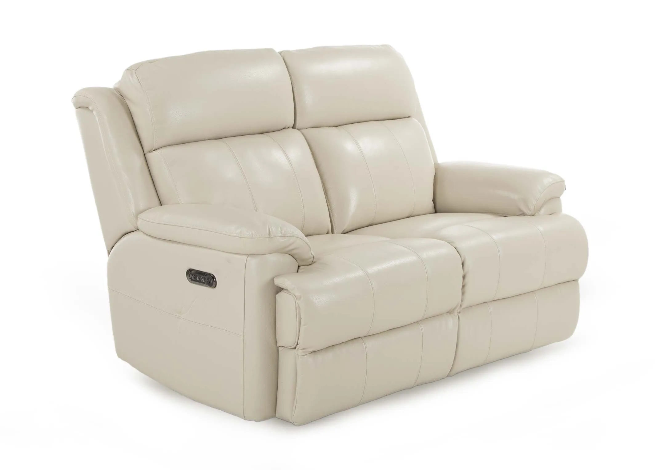 A 2 seater off white leather power reclining sofa from EZ Living Furniture's Embrace range. Angled view of soft leather.