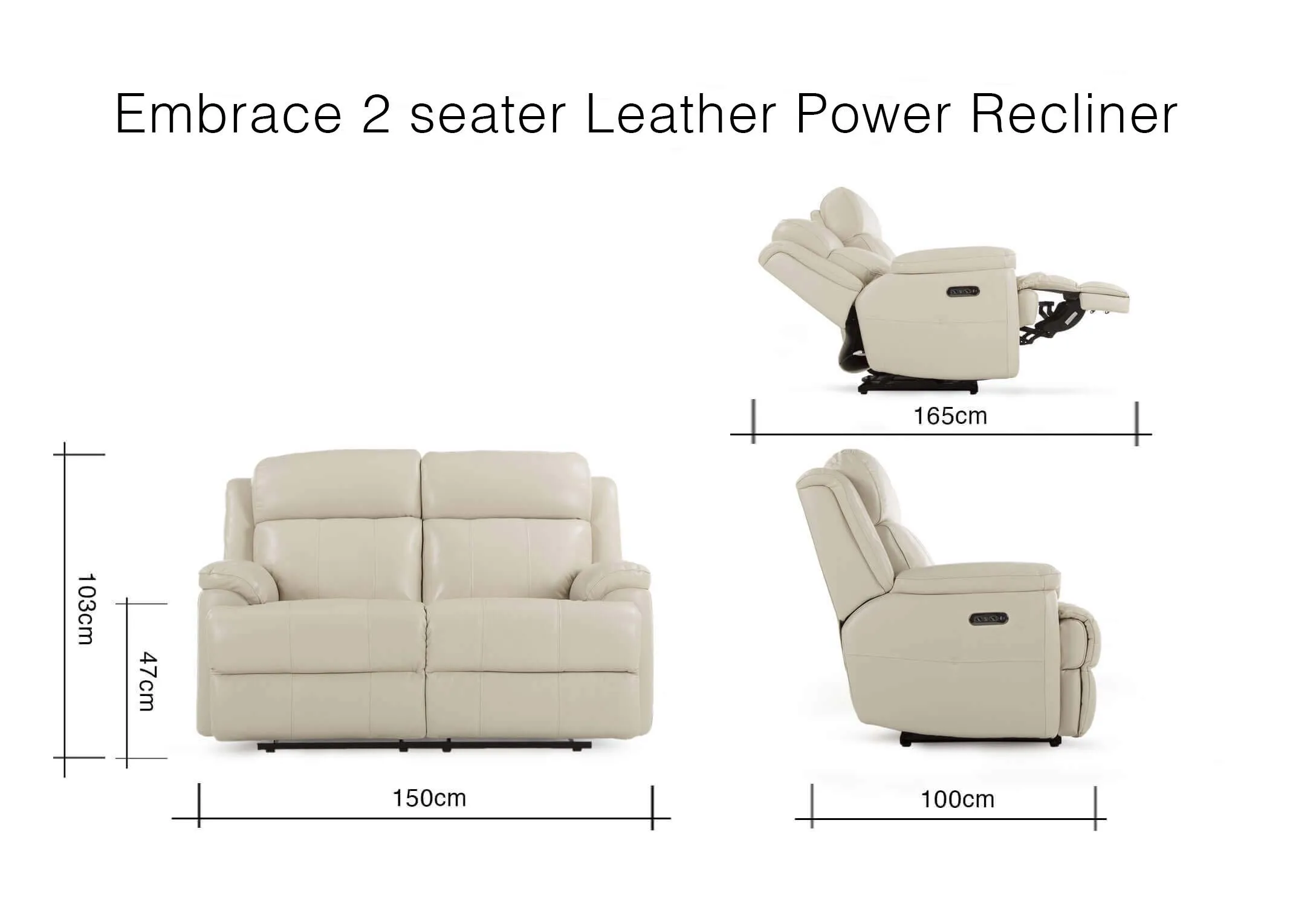 A dimension image of the Embrace 2 Seater Power Recliner with 150cm (Width) x 100cm -165cm (Depth) x 103cm (Height) x