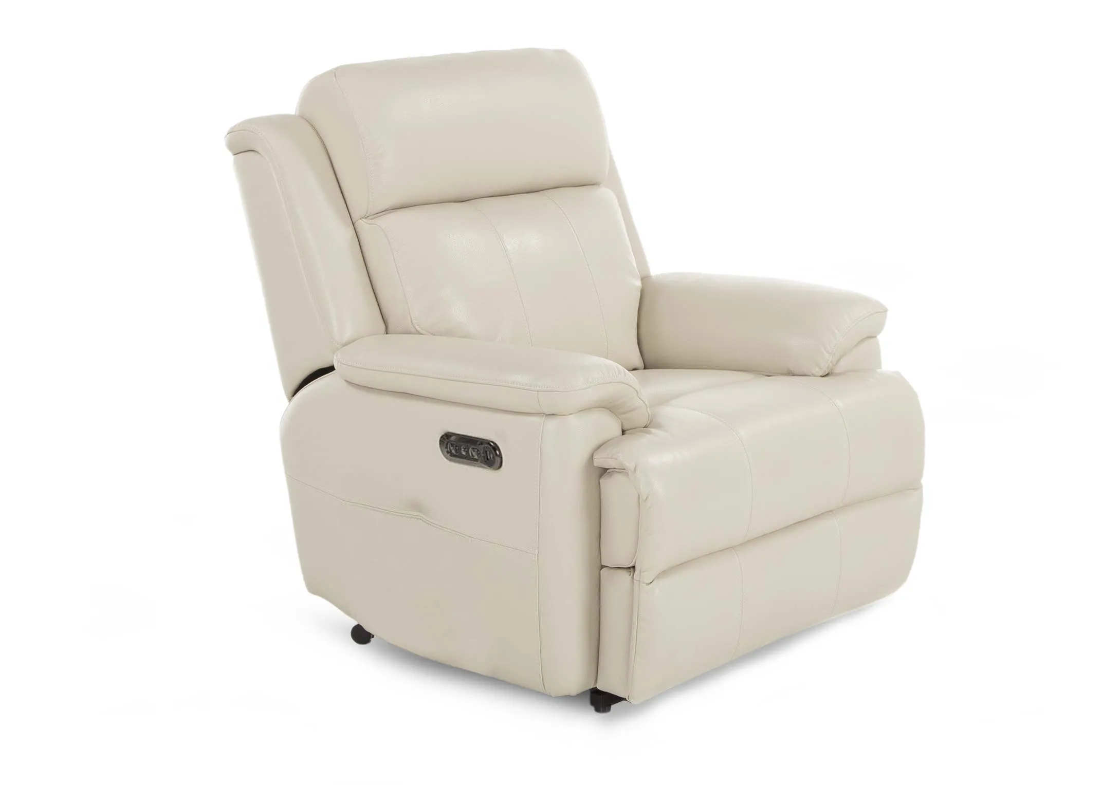 An off white leather power recliner from EZ Living Furniture's Embrace range. Angled view of recliner in fix mode.