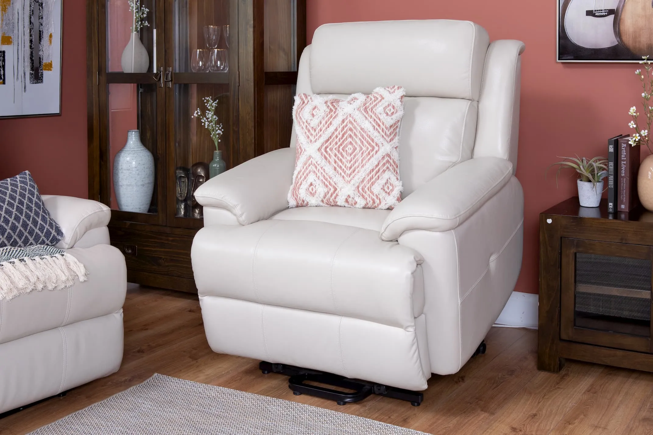 Off White Leather Power Lift Up Recliner - Embrace