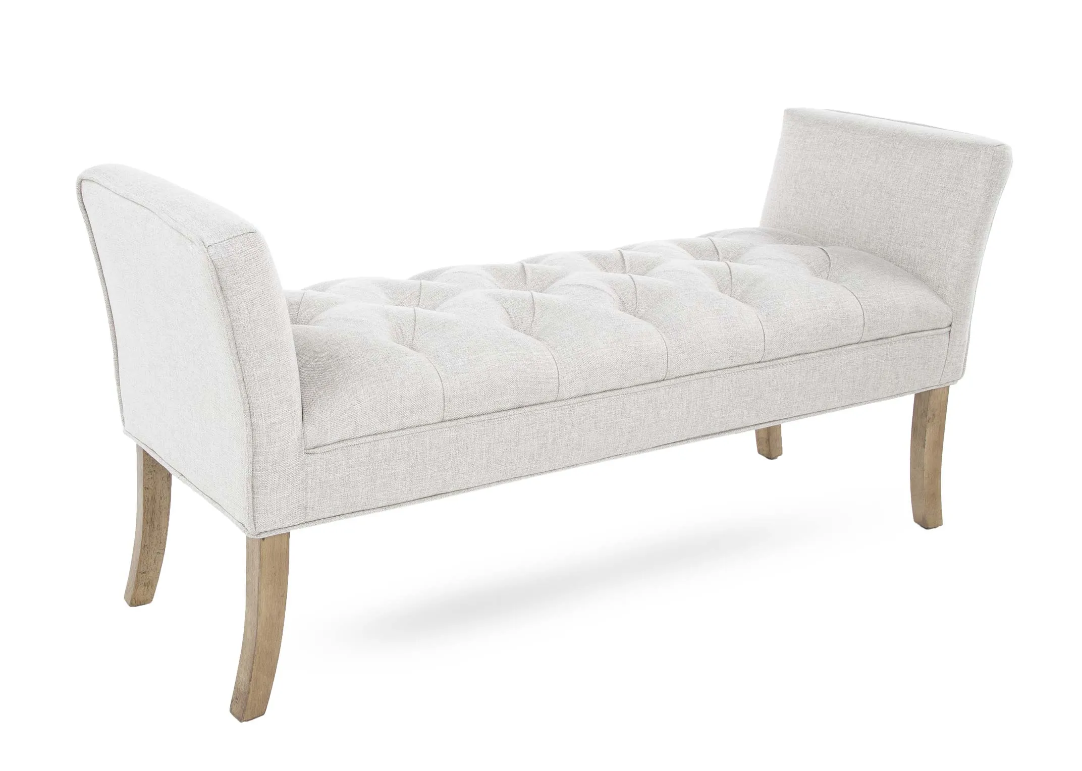 A silver grey linen bedroom bench with arms & oak legs from EZ Living Furniture's Cancun range. Angled view of cushioned seat