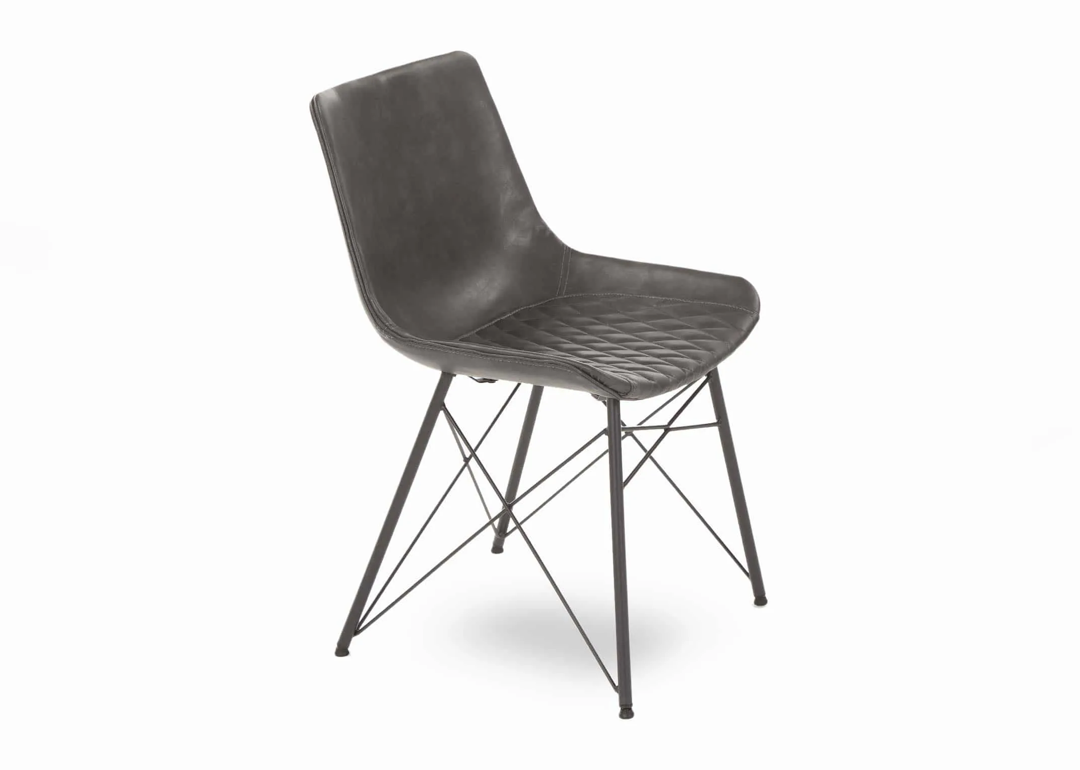 A grey faux leather dining chair with metal legs from EZ Living Furniture's Leo range. Angled view.
