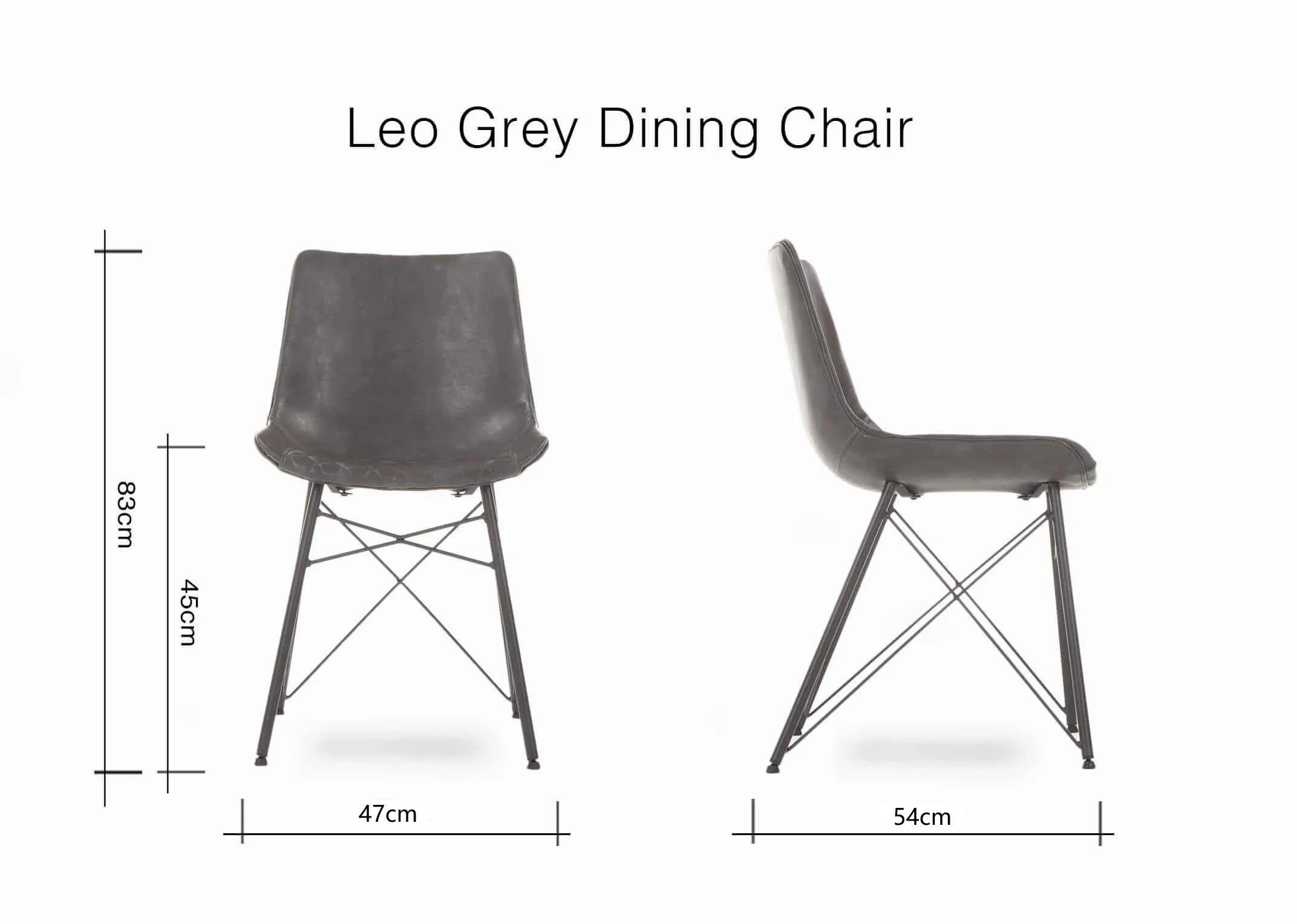 A dimension image of the Leo Brown Dining Chair with 47cm (Width) x 54cm (Depth) x 83cm (Height) x 45cm (Seat)