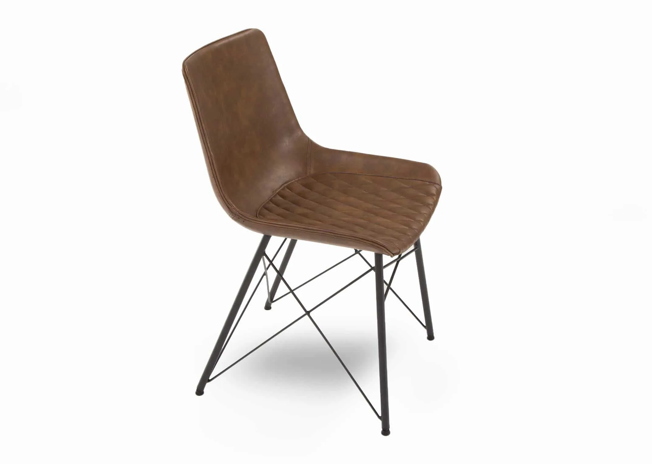A tan brown faux leather dining chair with black metal legs from EZ Living Furniture's Leo range. Angled view