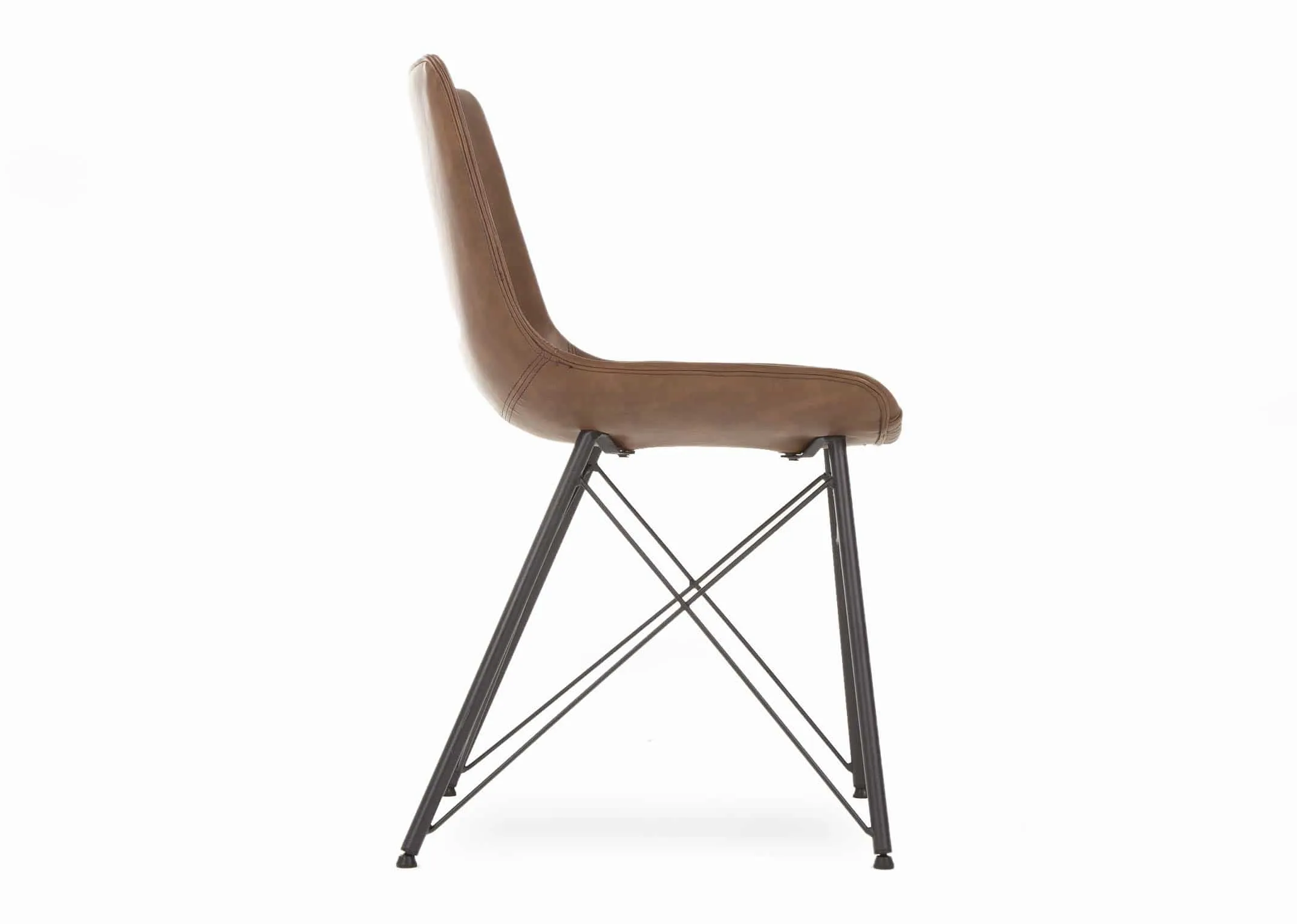 A tan brown faux leather dining chair with black metal legs from EZ Living Furniture's Leo range. Side view showing X Legs