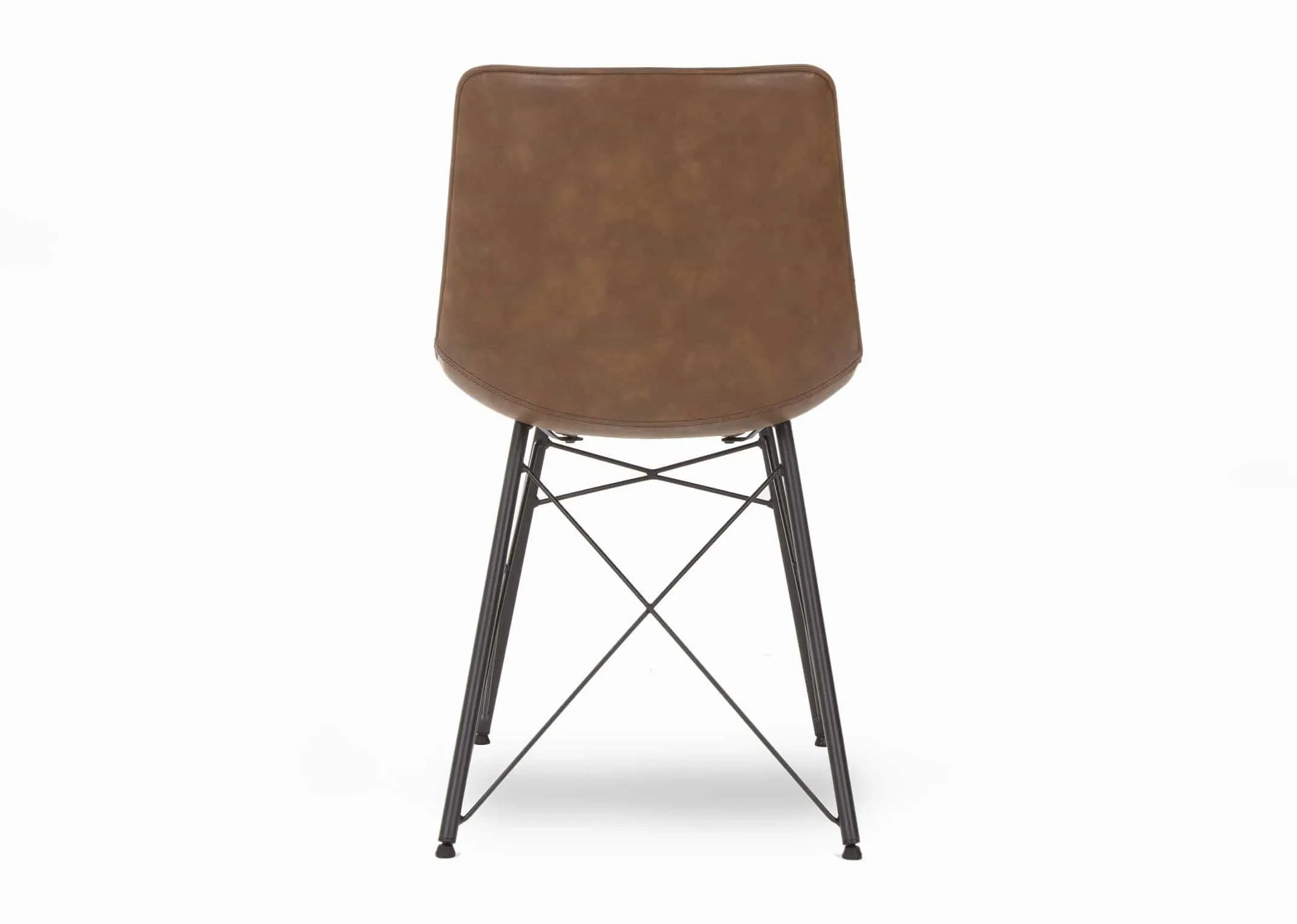 A tan brown faux leather dining chair with black metal legs from EZ Living Furniture's Leo range. Back view of comfy seat