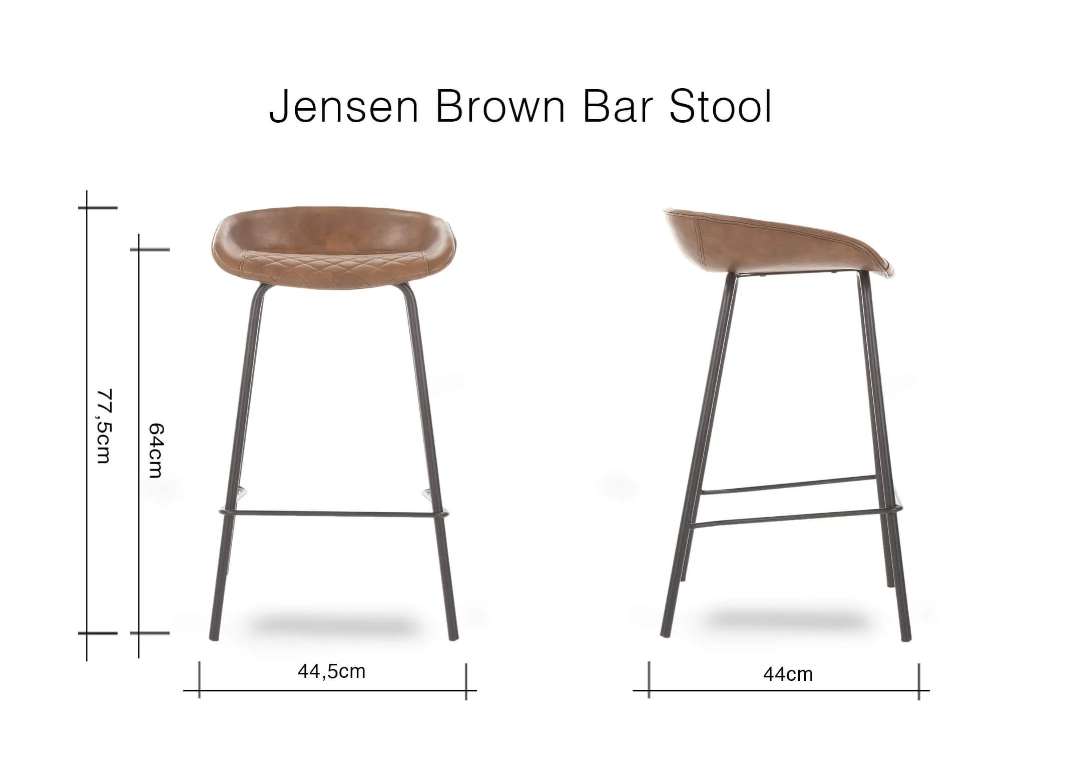 A dimension image of the Jensen Bar Stool in brown showing 44.5cm (Width) x 44cm (Depth) x 77.5cm (Height)