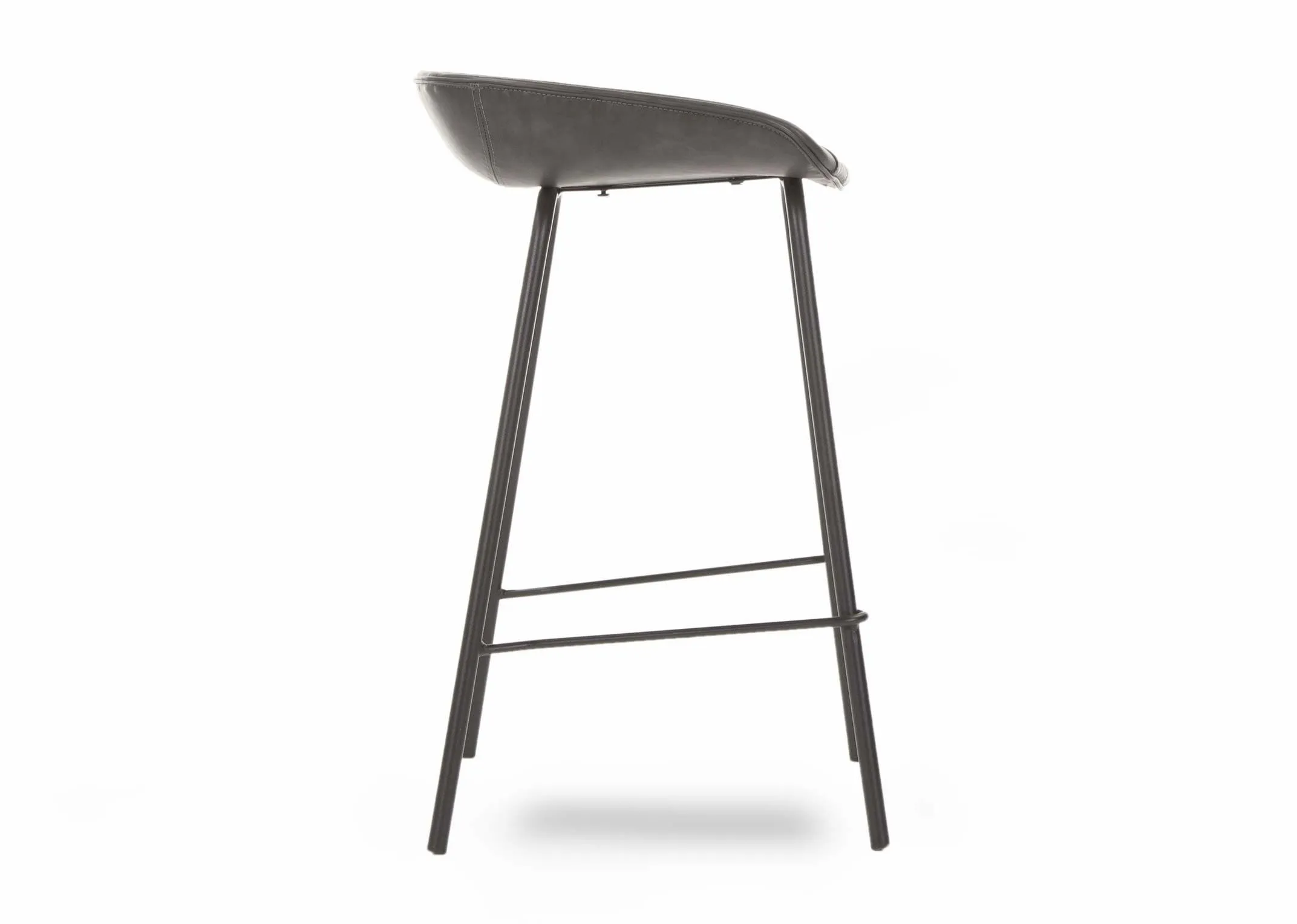 A grey faux leather seat bar stool with metal legs from EZ Living Furniture's Jensen range. Side view