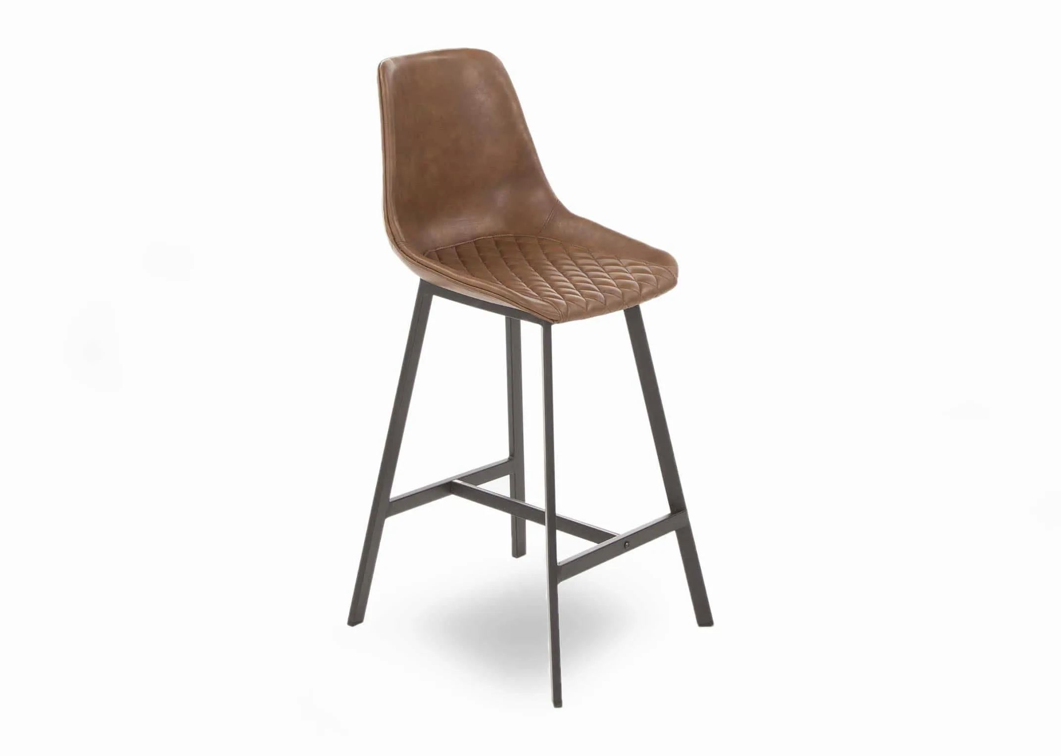 A bar stool with black metal legs & tan faux leather seat with back from EZ Living Furniture's Leo range. Angled view.