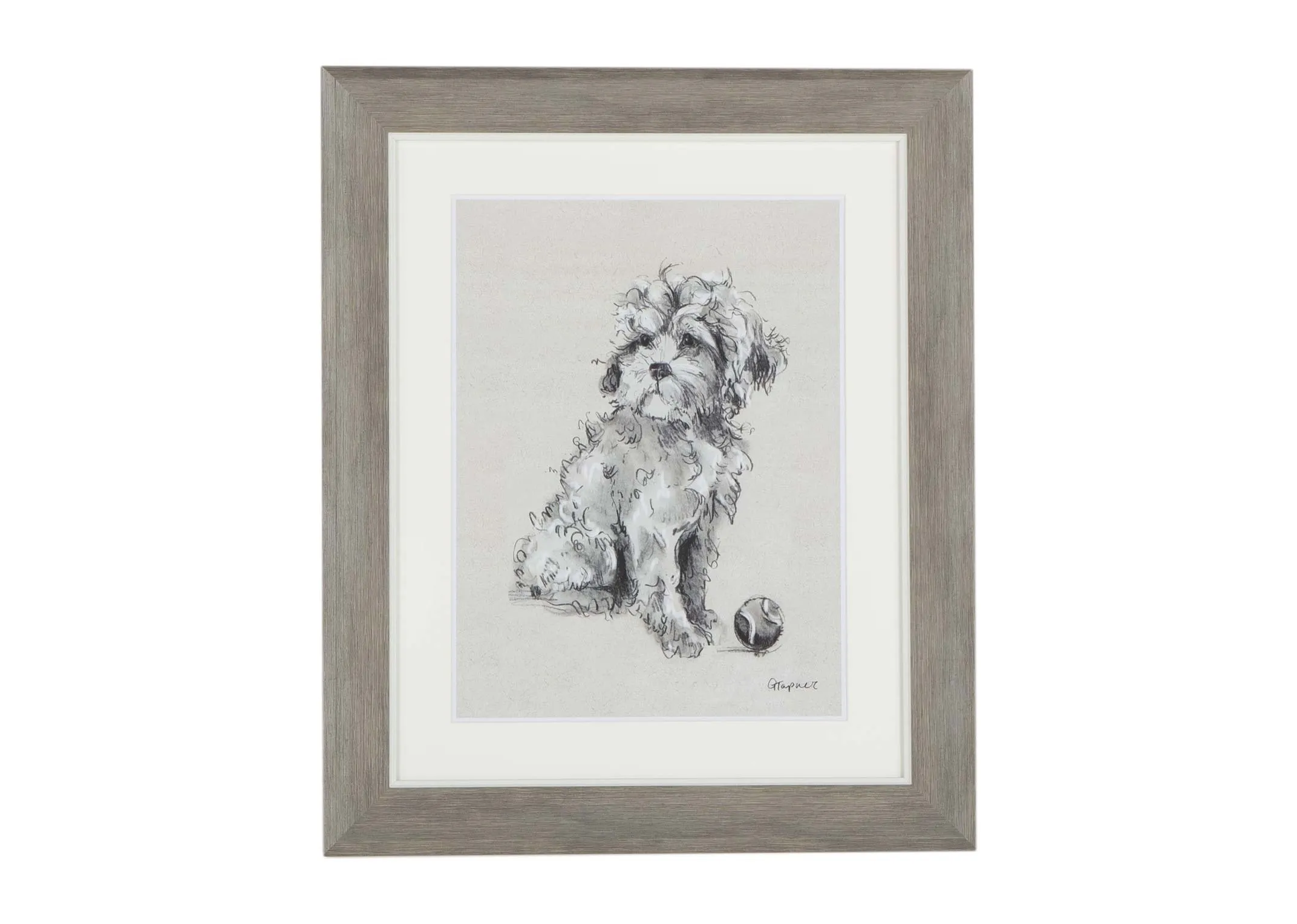 A brown framed print named Fetch with a black & white print of a dog from Gracie Tapner. Front.