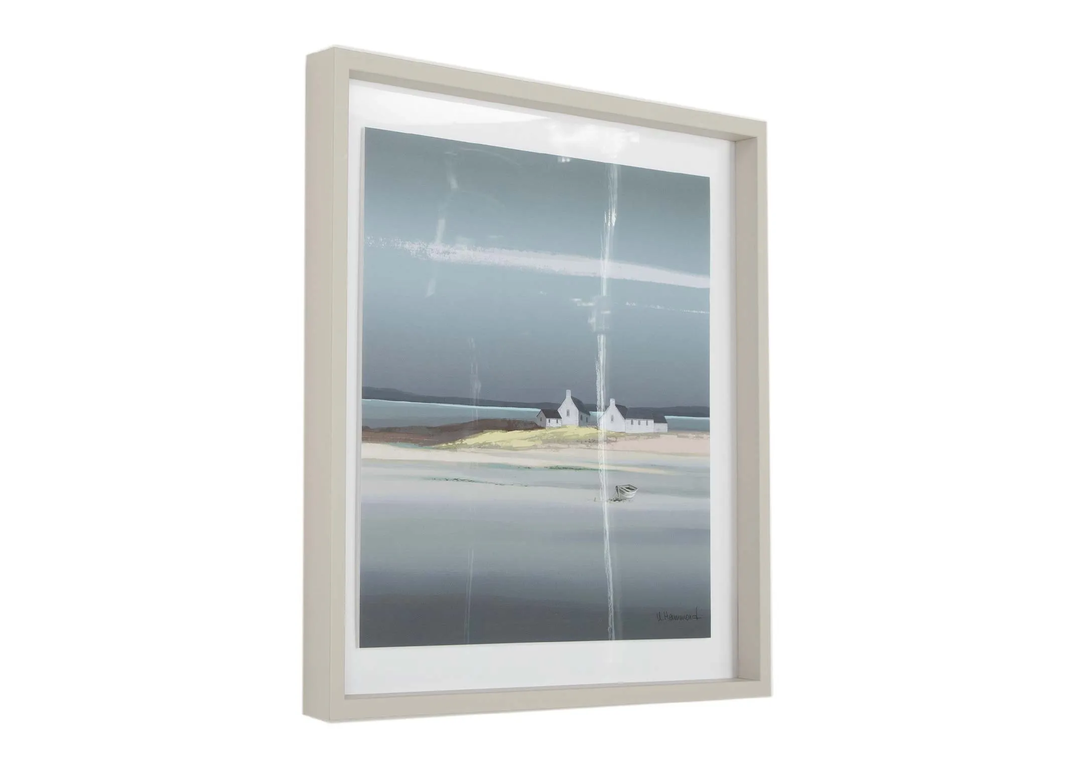 A beige framed print with a coastal landscape called Sapphire from Ulyana Hammond. Angle View.