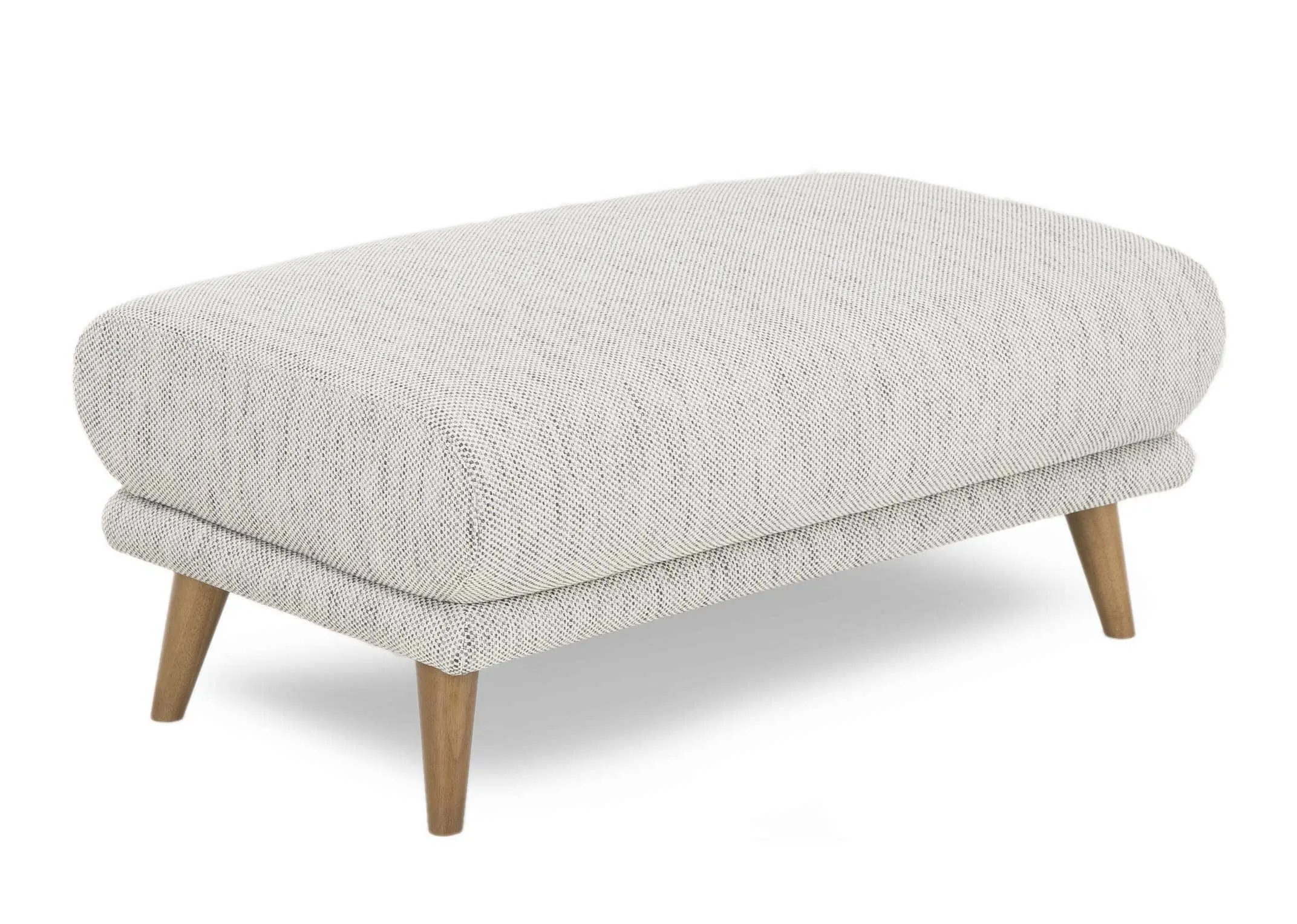 A light grey accent fabric footstool with light wood feet from EZ Living Furniture's Legend Range. Angled view.