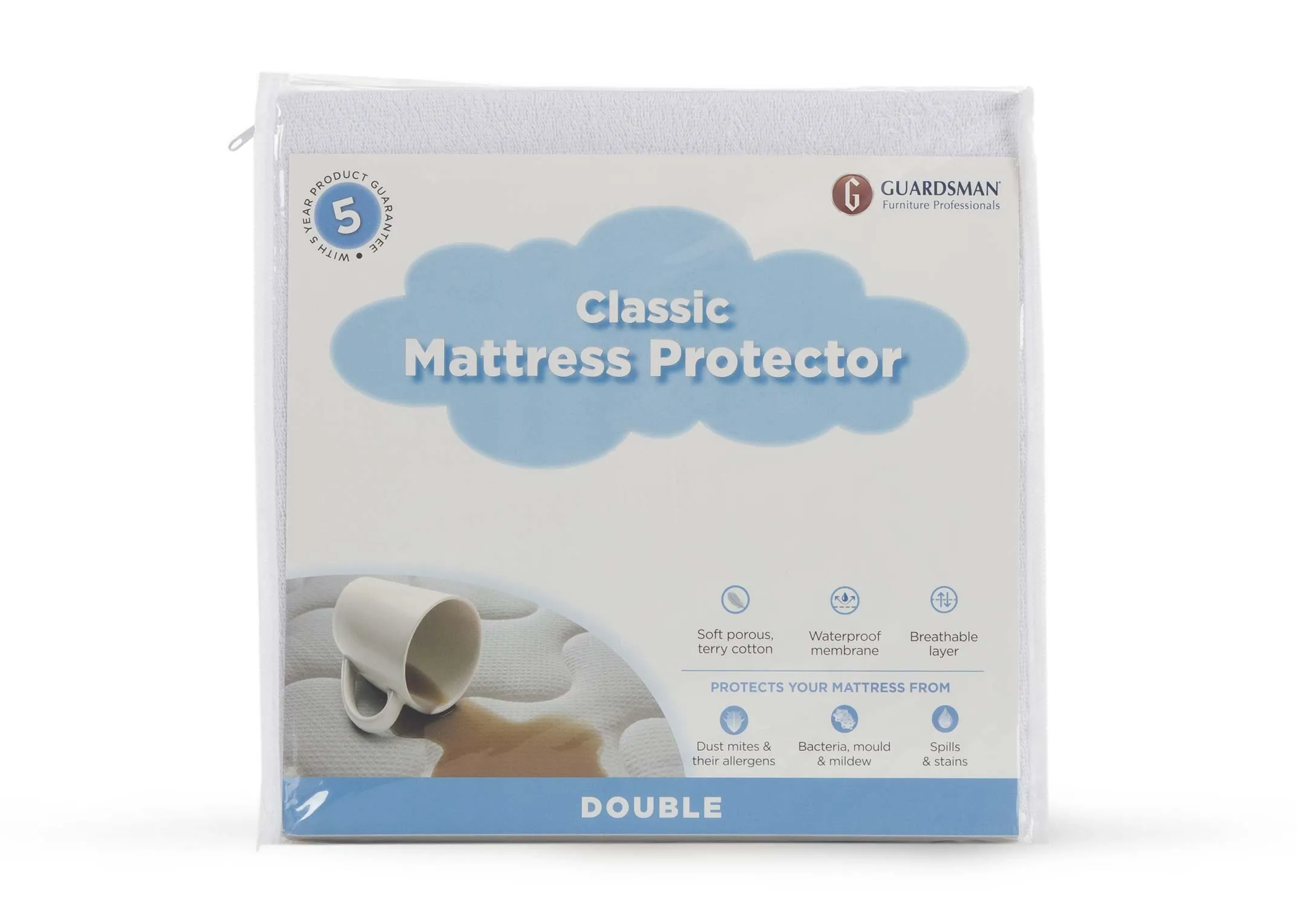 The Guardsman Double 4ft 6 mattress protector in its packaging. Front view.