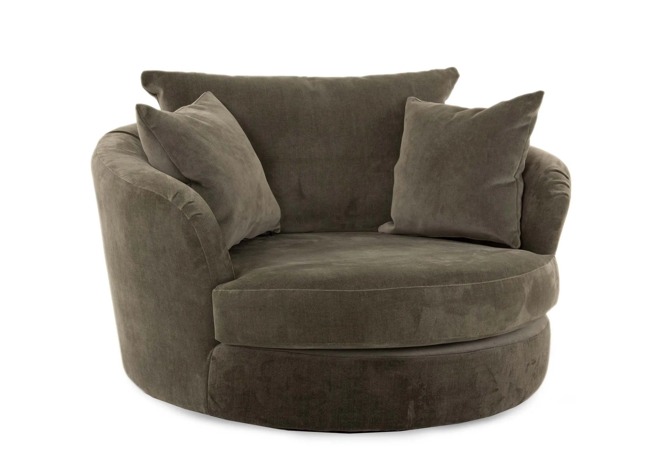 A green fabric swivel cuddler from EZ Livings Lucius range. Angled view of 2 scatter cushions.