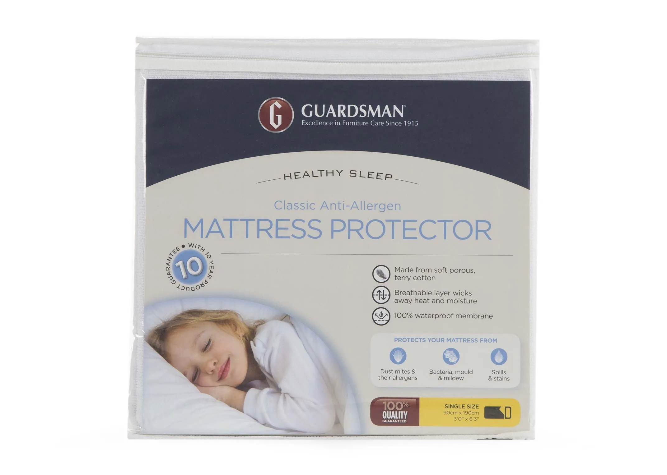 The Guardsman single 3 ft mattress protector in its packaging. Front view.