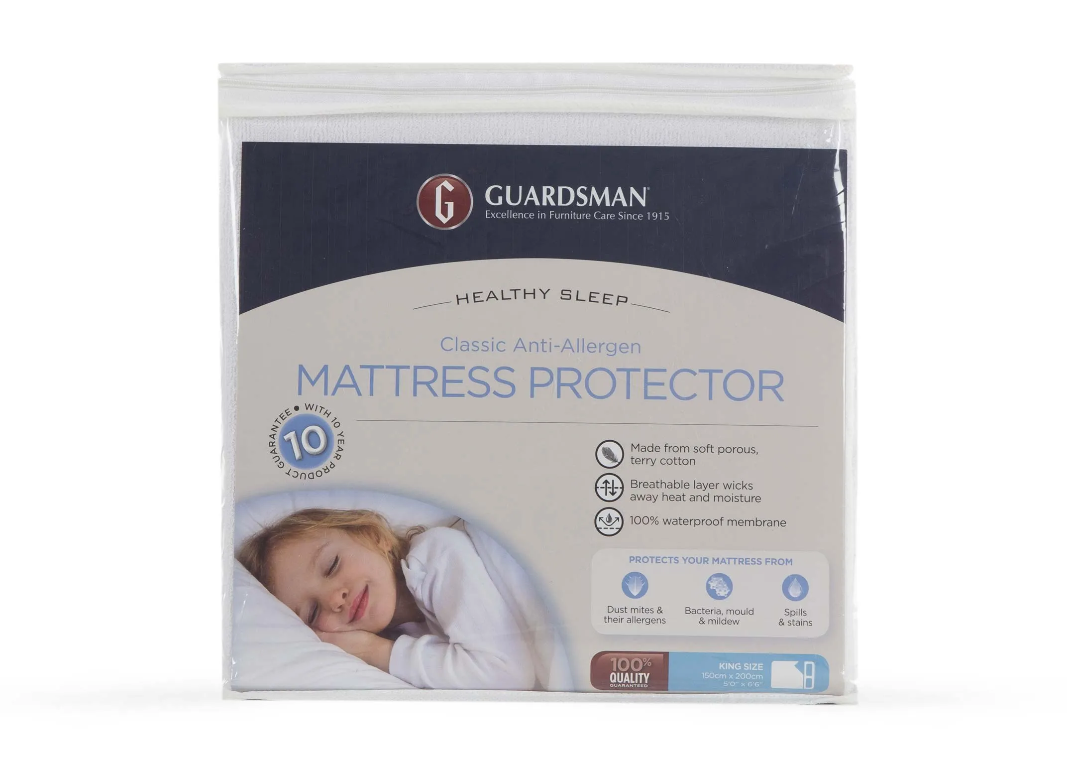 The Guardsman King Size 5ft mattress protector in its packaging. Front view.