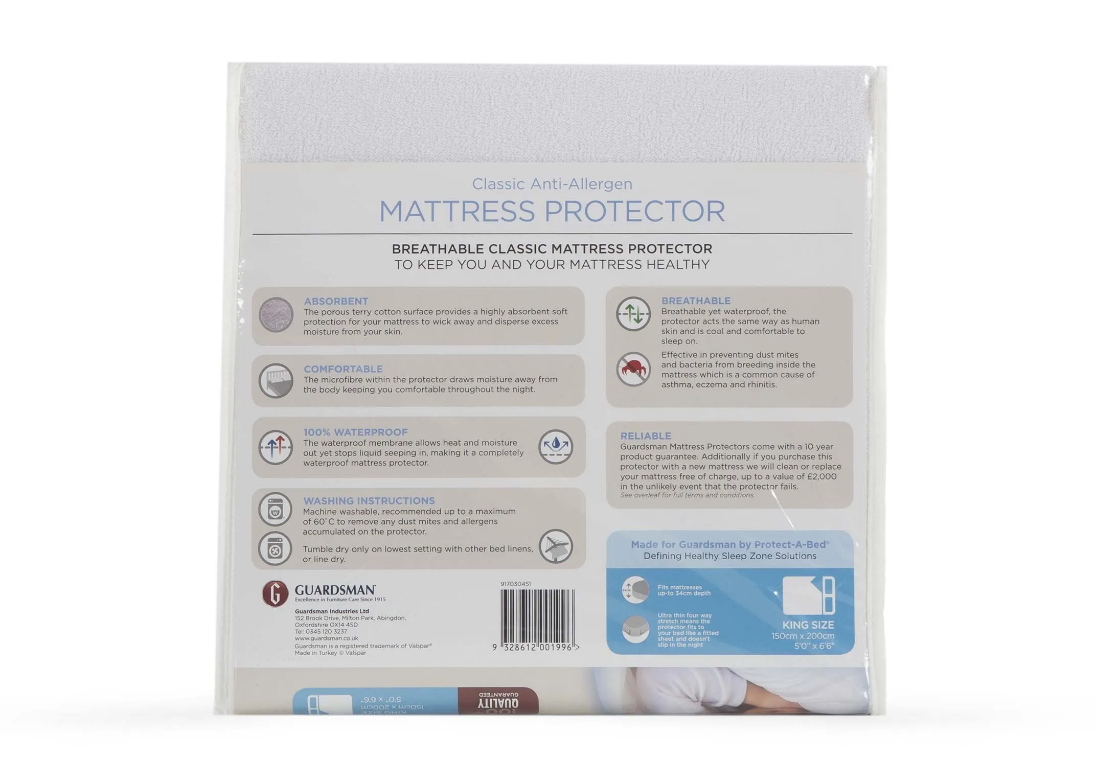 The Guardsman King Size 5ft mattress protector in its packaging. Back view