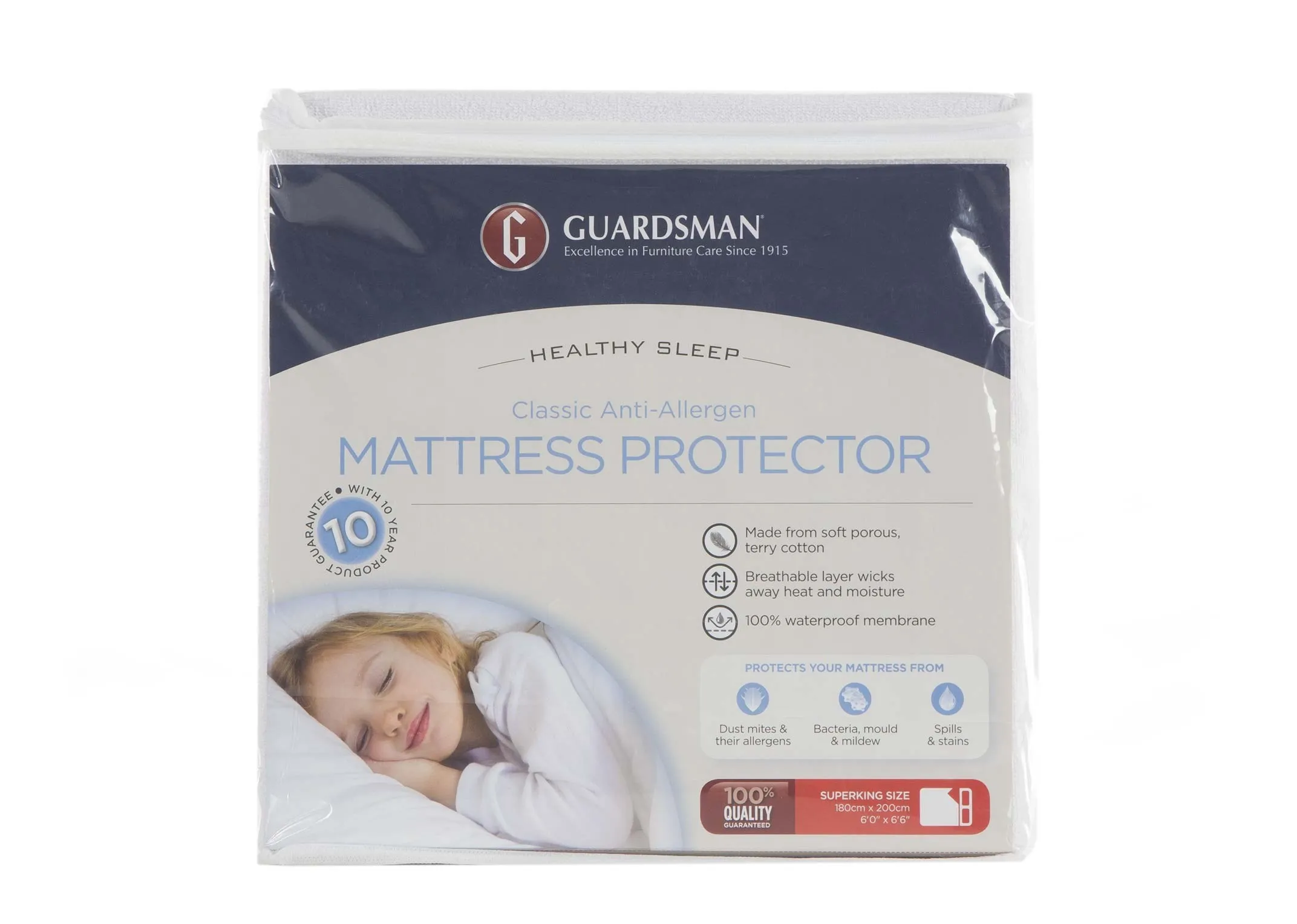 The Guardsman Super King 6ft mattress protector in its packaging. Front view.