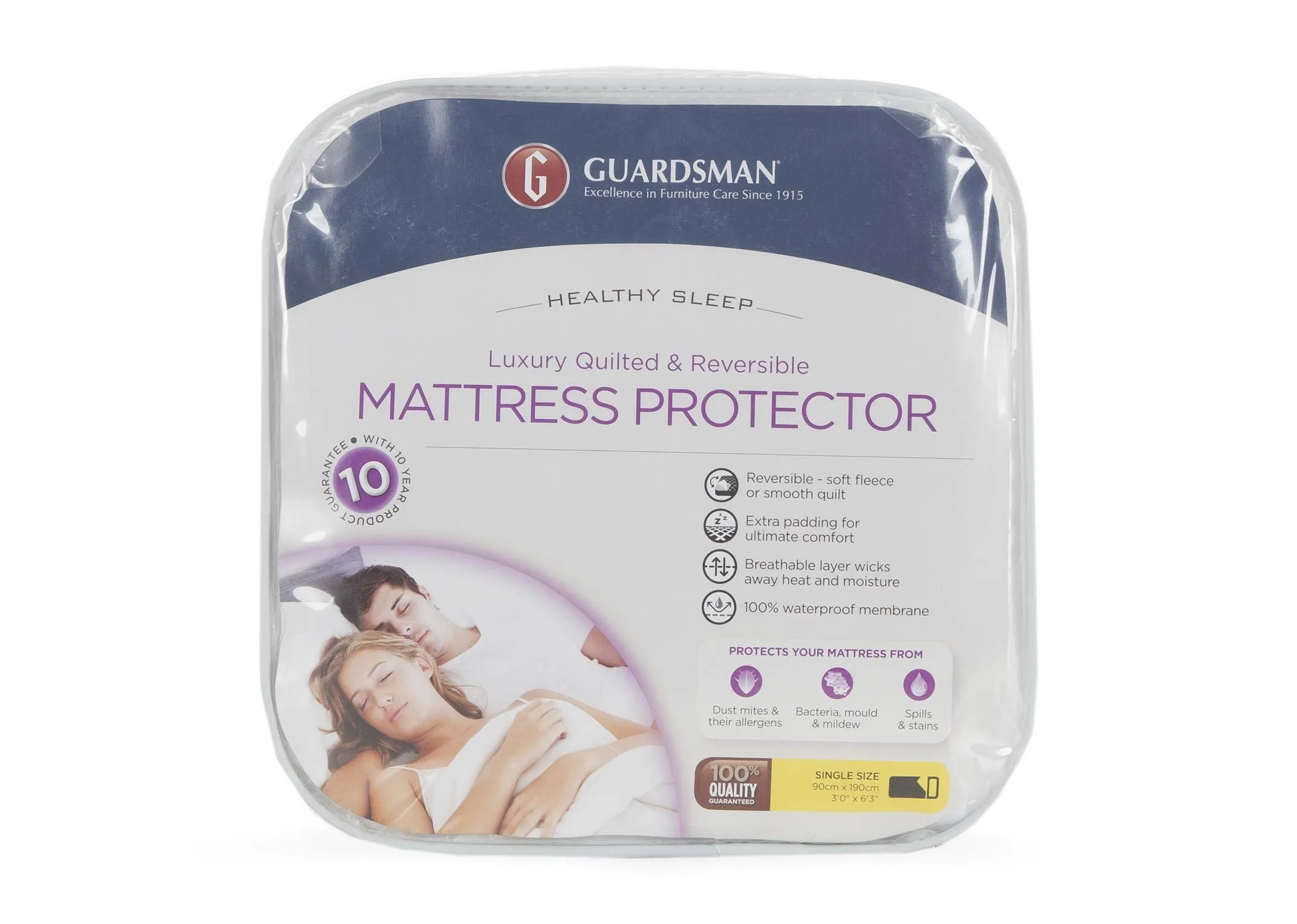 A luxury mattress protector in Single (3ft) from EZ Living Furniture's Guardsman range. Front view of the packaging.