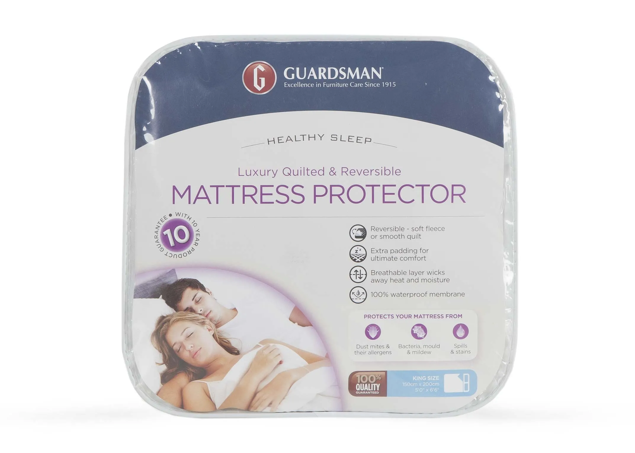 A luxury mattress protector in King Size (5ft) from EZ Living Furniture's Guardsman range. Front view of the packaging.