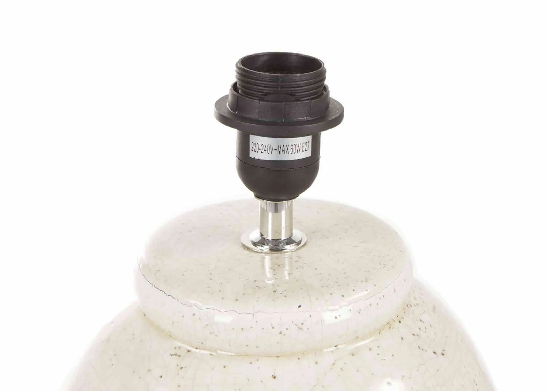 A cream mix ceramic tall slender lamp base with cream shade from EZ Living Furniture's Tolka Range. Closeup of E27 fitting