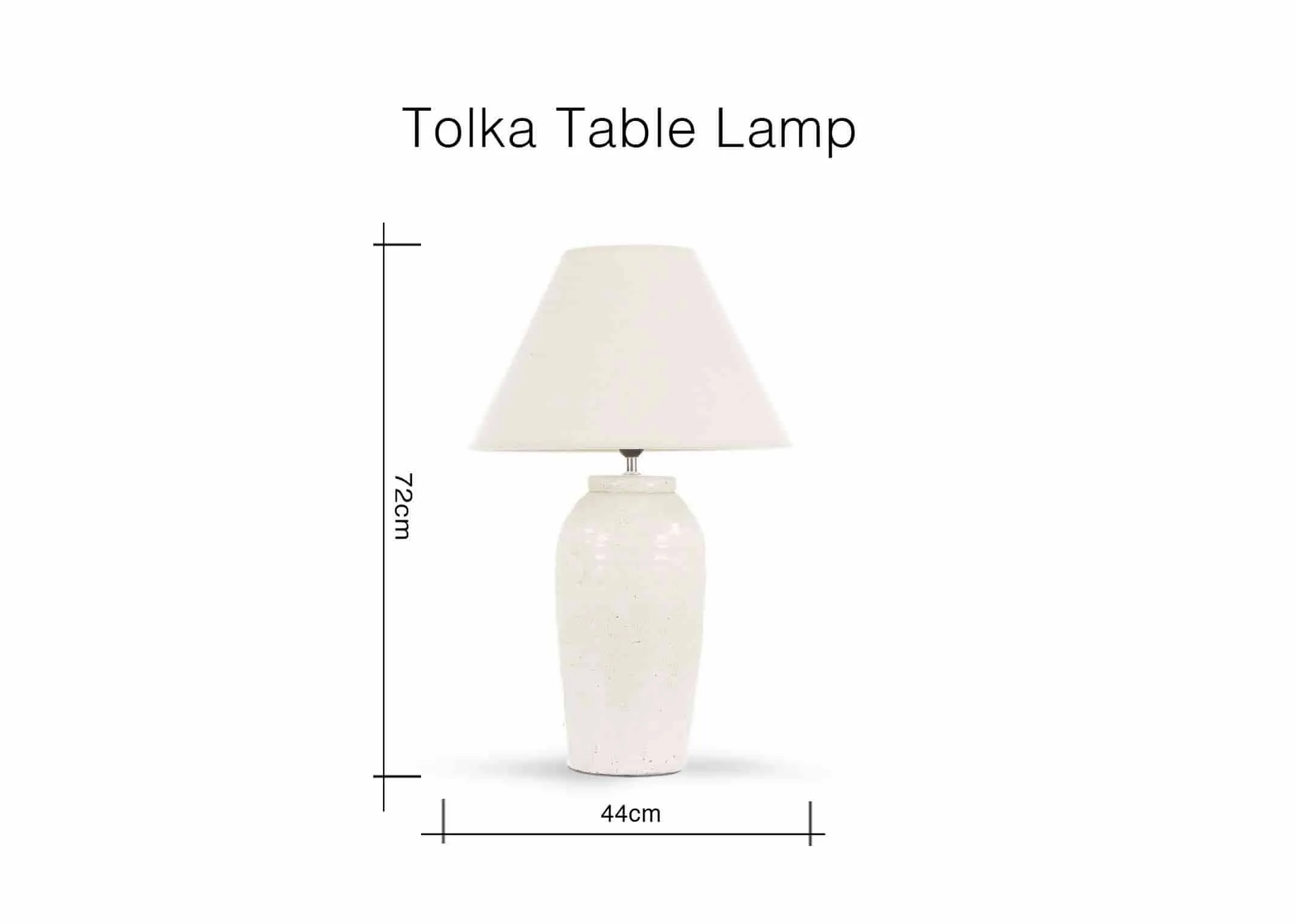 A dimension image of the Tolka Cream Table Lamp with 44cm (Width) x 72cm (Height) including shade