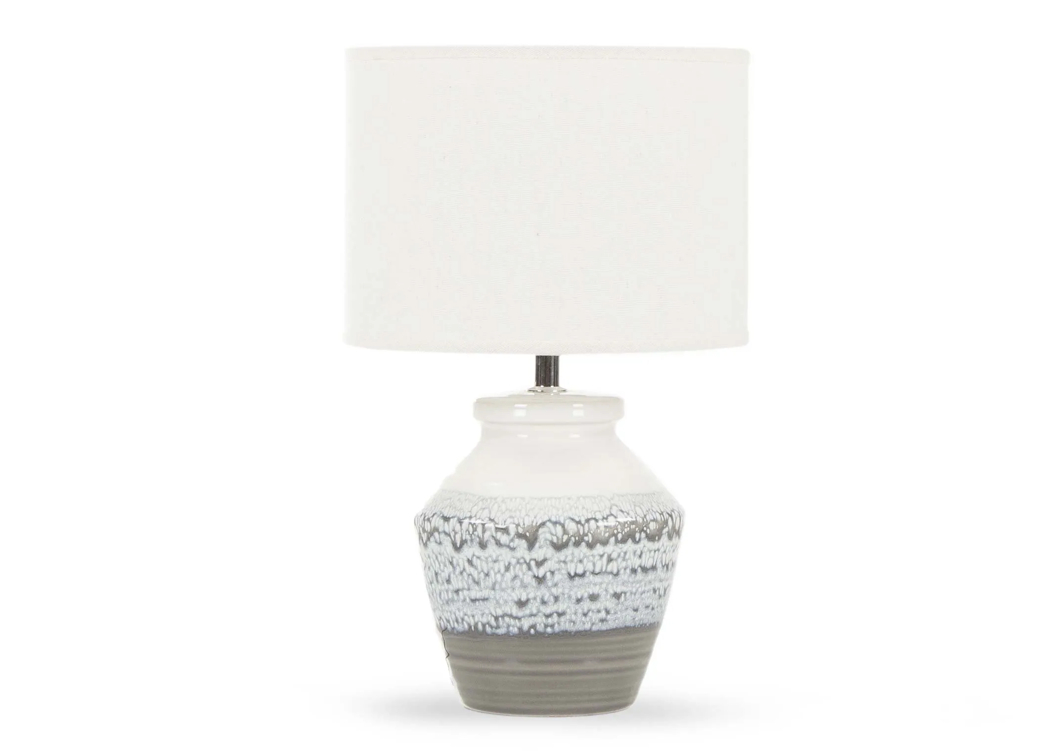 A light grey & white ceramic lamp base with white shade from EZ Living Furniture's Moy range. Front view of lamp
