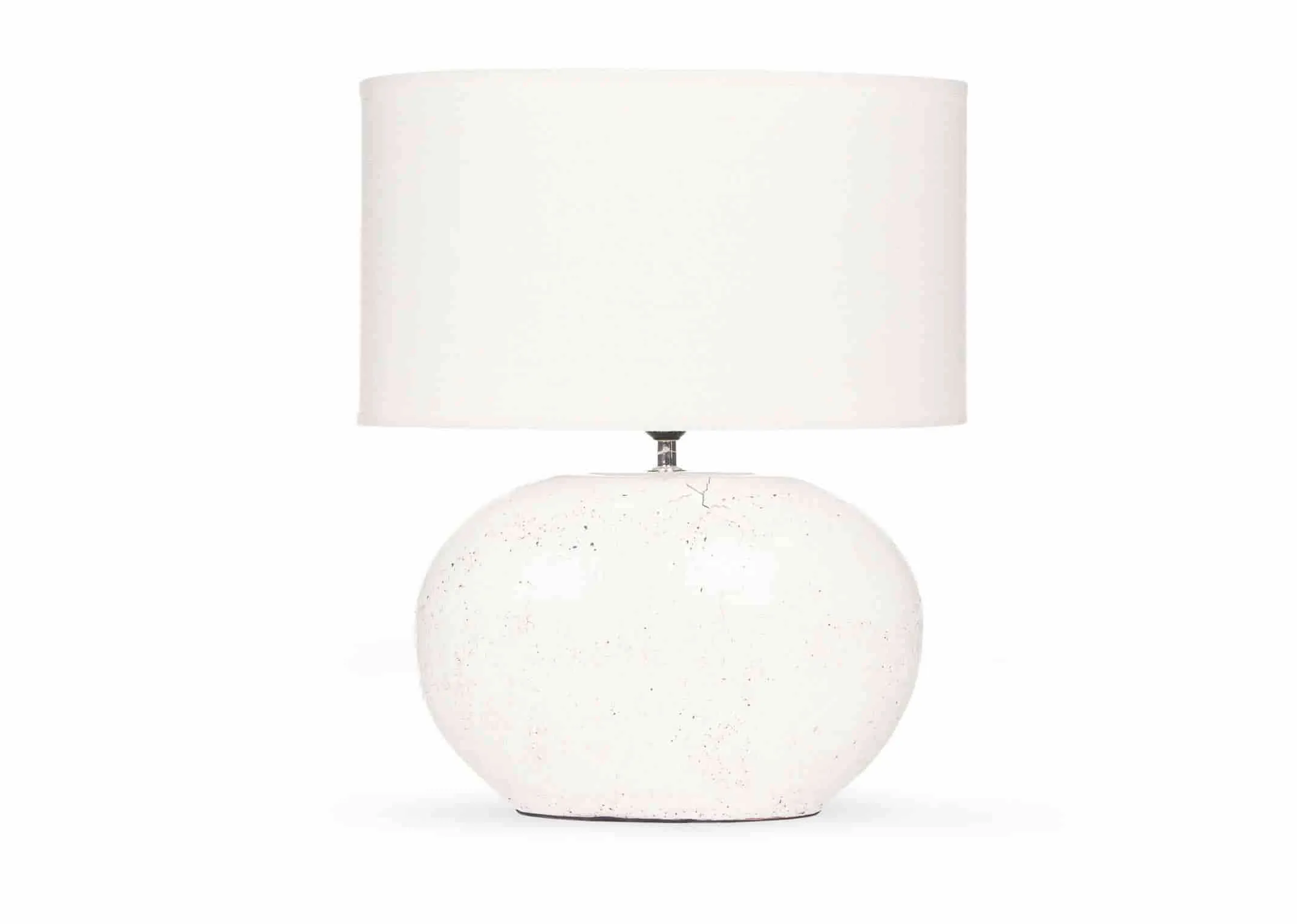 A light white thin ceramic lamp base with white shade from EZ Living Furniture's Corrib range. Front view of lamp.